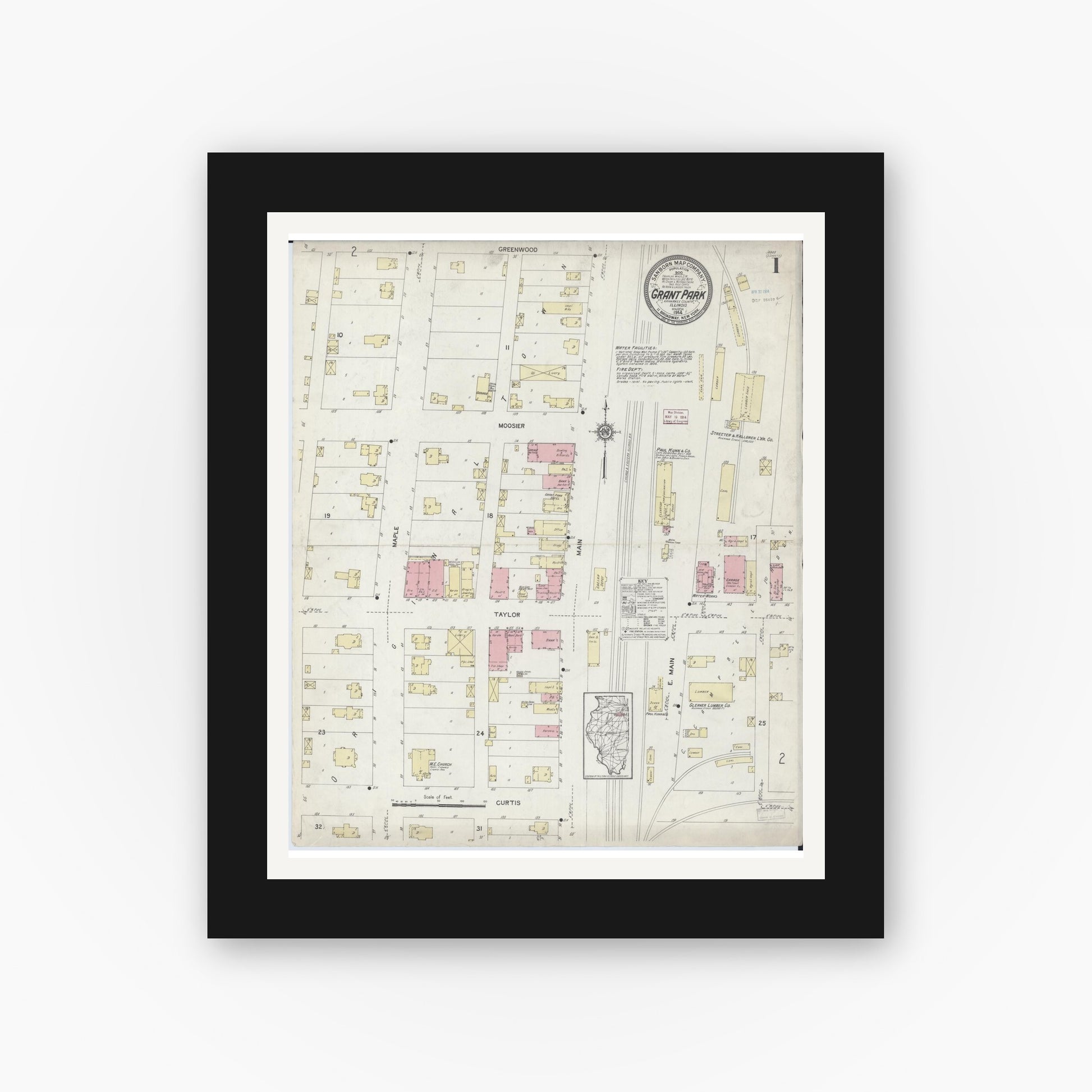 Old map wall art mockup — black gallery frame with white mat — Sanborn Fire Insurance Map from Grant Park, Kankakee County, Illinois (1914) - Complete Map Set