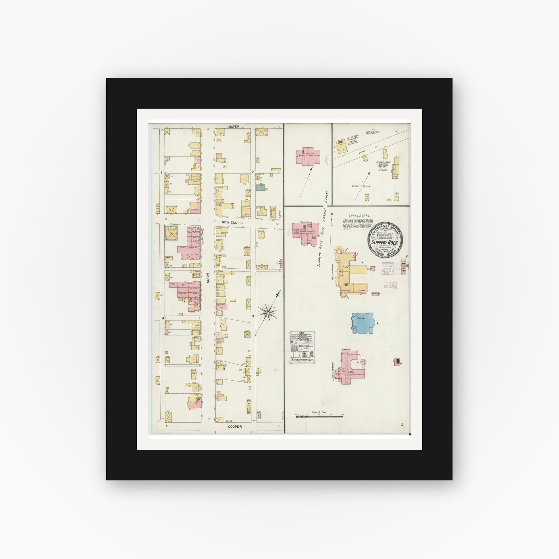 Old map wall art mockup — black gallery frame with white mat — Sanborn Fire Insurance Map from Slippery Rock, Butler County, Pennsylvania (1906), Sheet #0001
