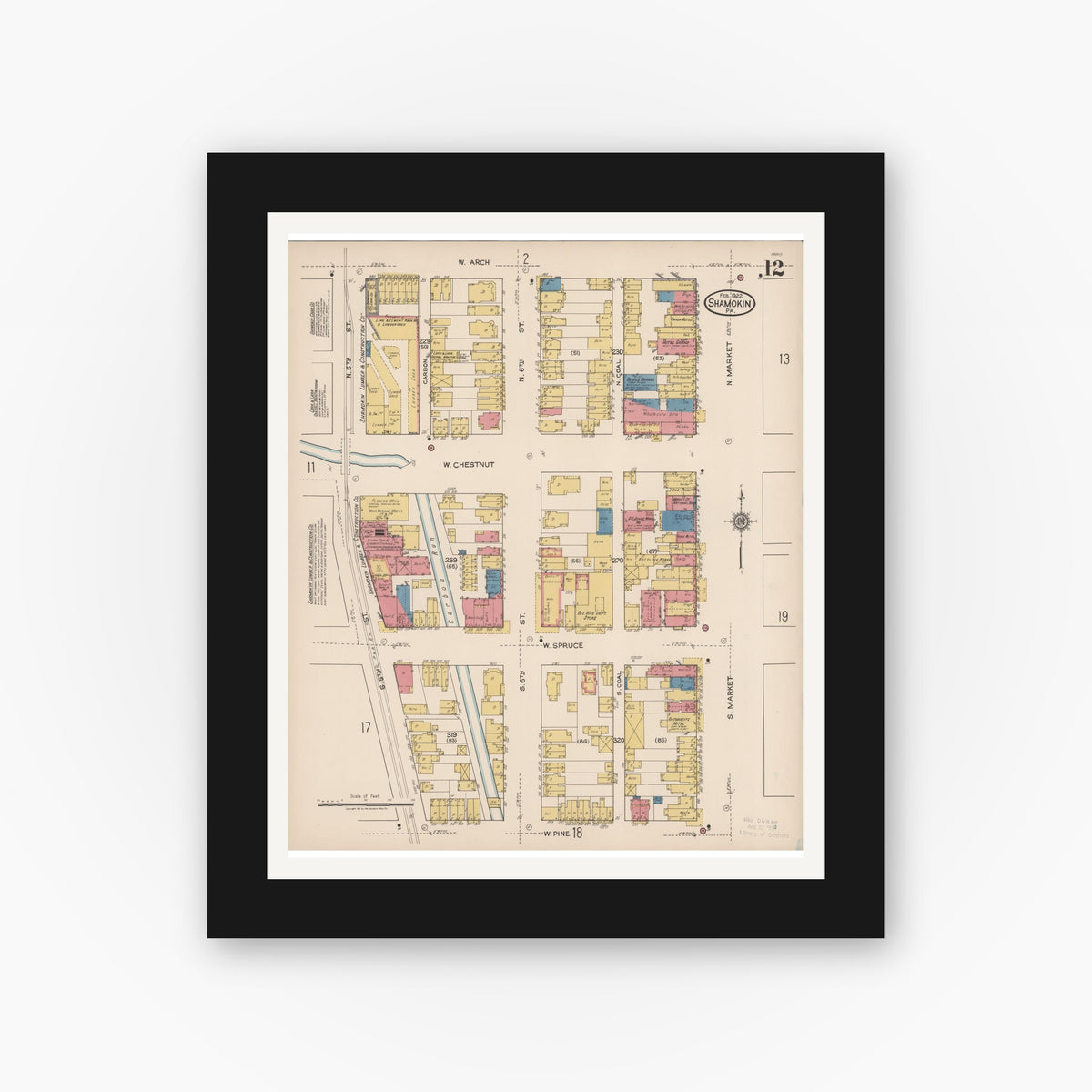Old map wall art mockup — black gallery frame with white mat — Sanborn Fire Insurance Map from Shamokin, Northumberland County, Pennsylvania (1922), Sheet #0012