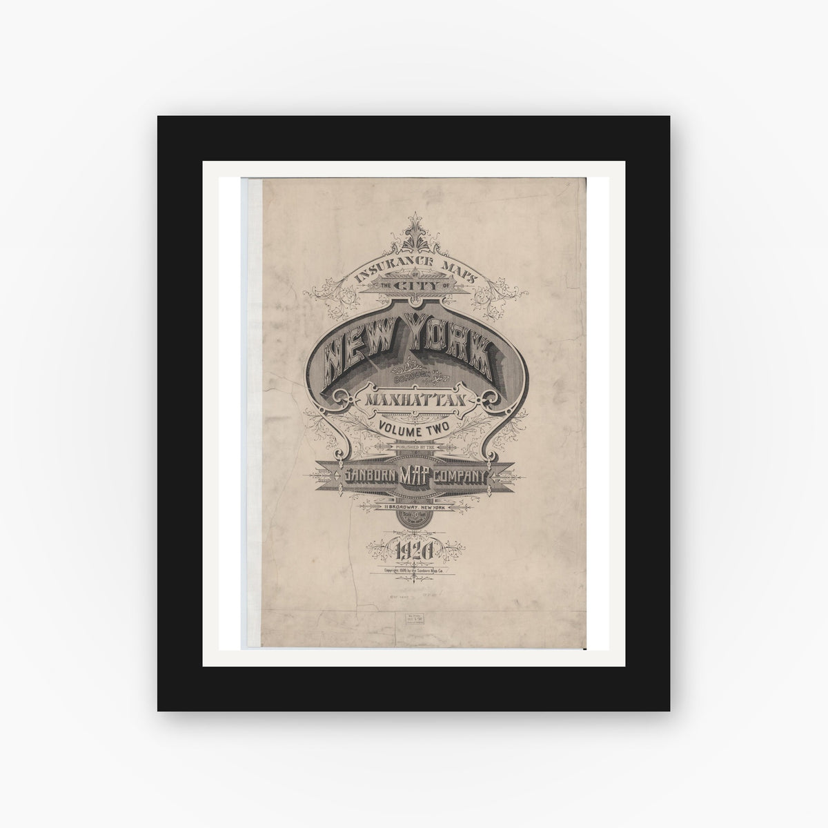 Old map wall art mockup — black gallery frame with white mat — Sanborn Fire Insurance Map from New York, Bronx, Manhattan, New York (1920), Sheet #0001
