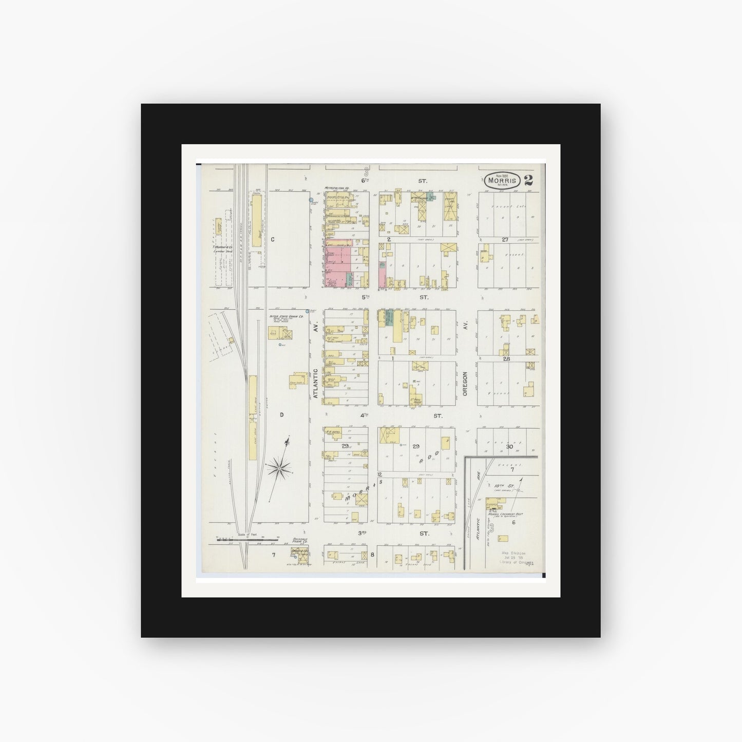 Old map wall art mockup — black gallery frame with white mat — Sanborn Fire Insurance Map from Morris, Stevens County, Minnesota (1892), Sheet #0002