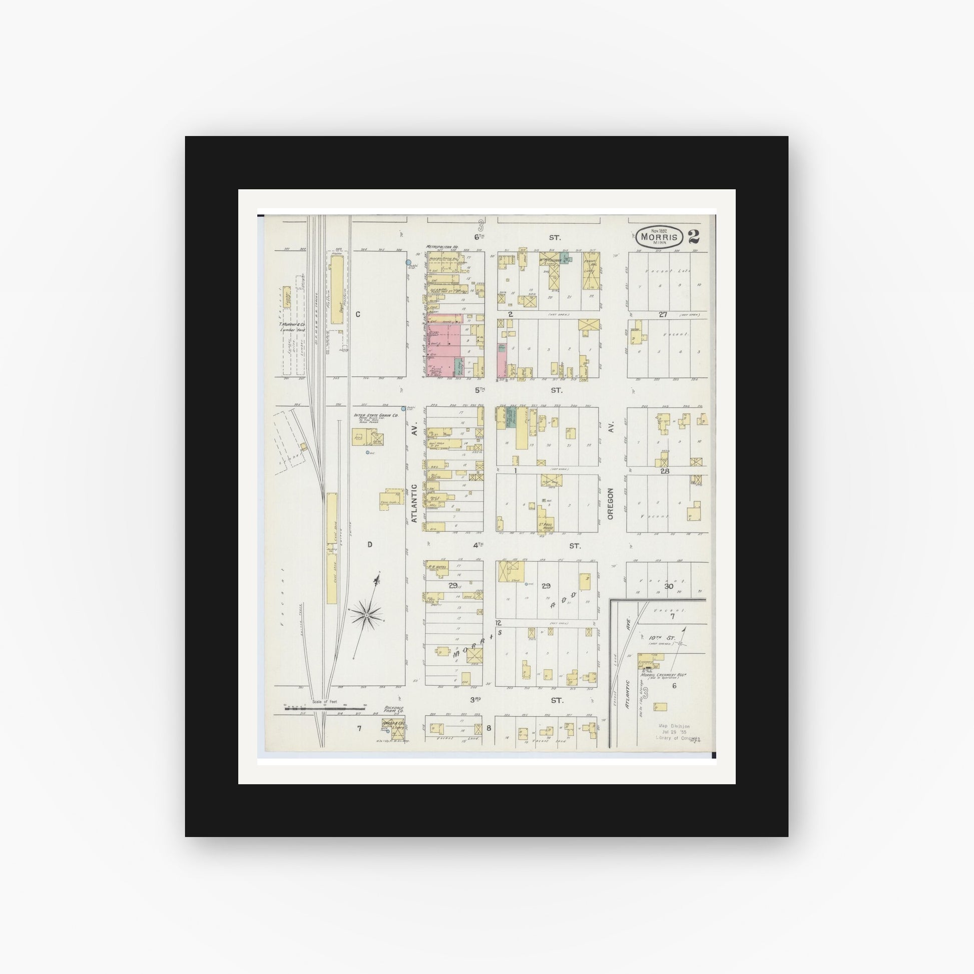 Old map wall art mockup — black gallery frame with white mat — Sanborn Fire Insurance Map from Morris, Stevens County, Minnesota (1892), Sheet #0002