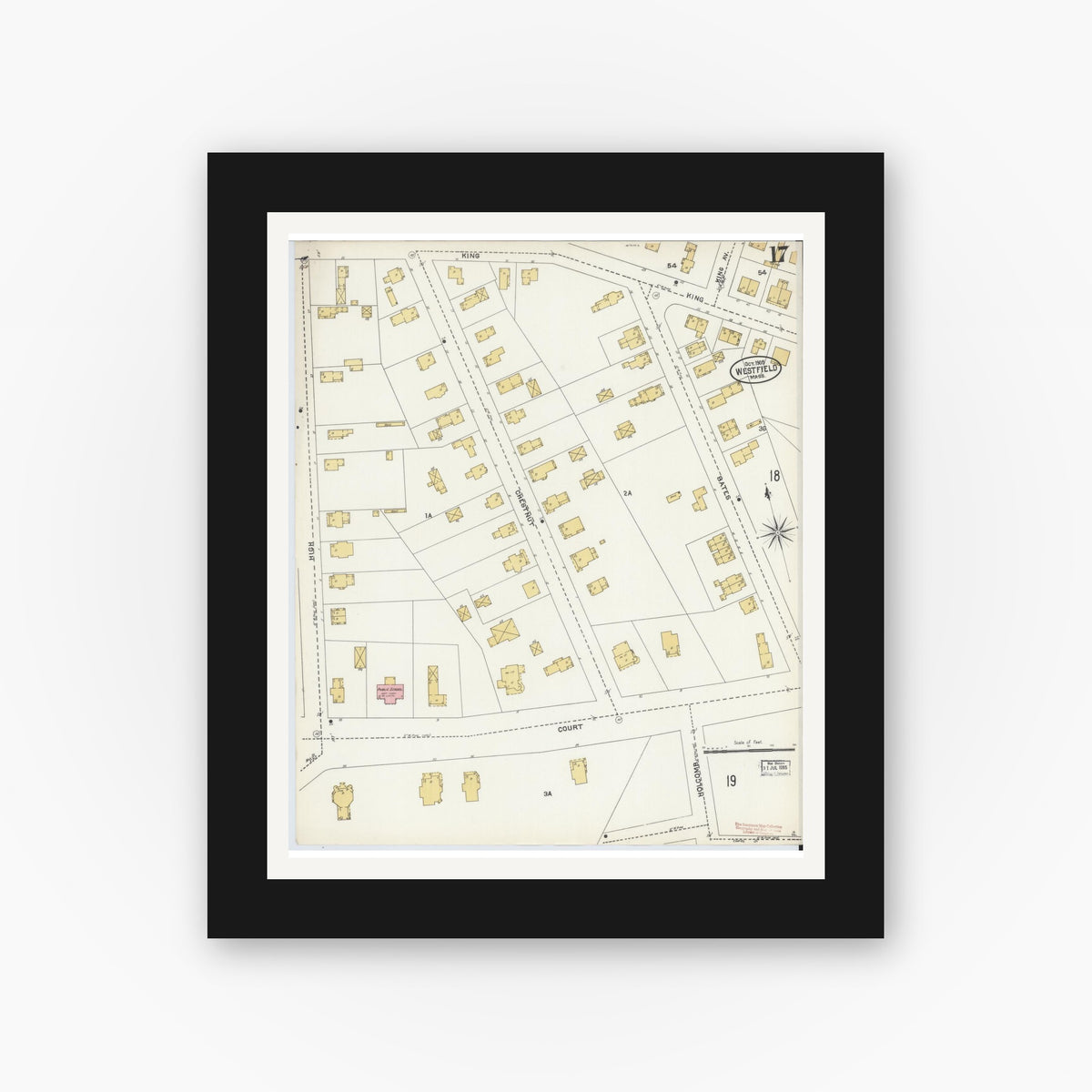 Old map wall art mockup — black gallery frame with white mat — Sanborn Fire Insurance Map from Westfield, Hampden County, Massachusetts (1905), Sheet #0017