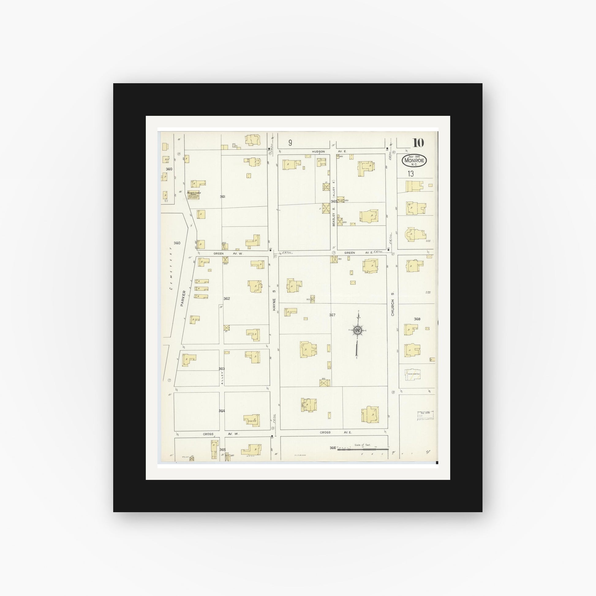 Old map wall art mockup — black gallery frame with white mat — Sanborn Fire Insurance Map from Monroe, Union County, North Carolina (1914), Sheet #0010