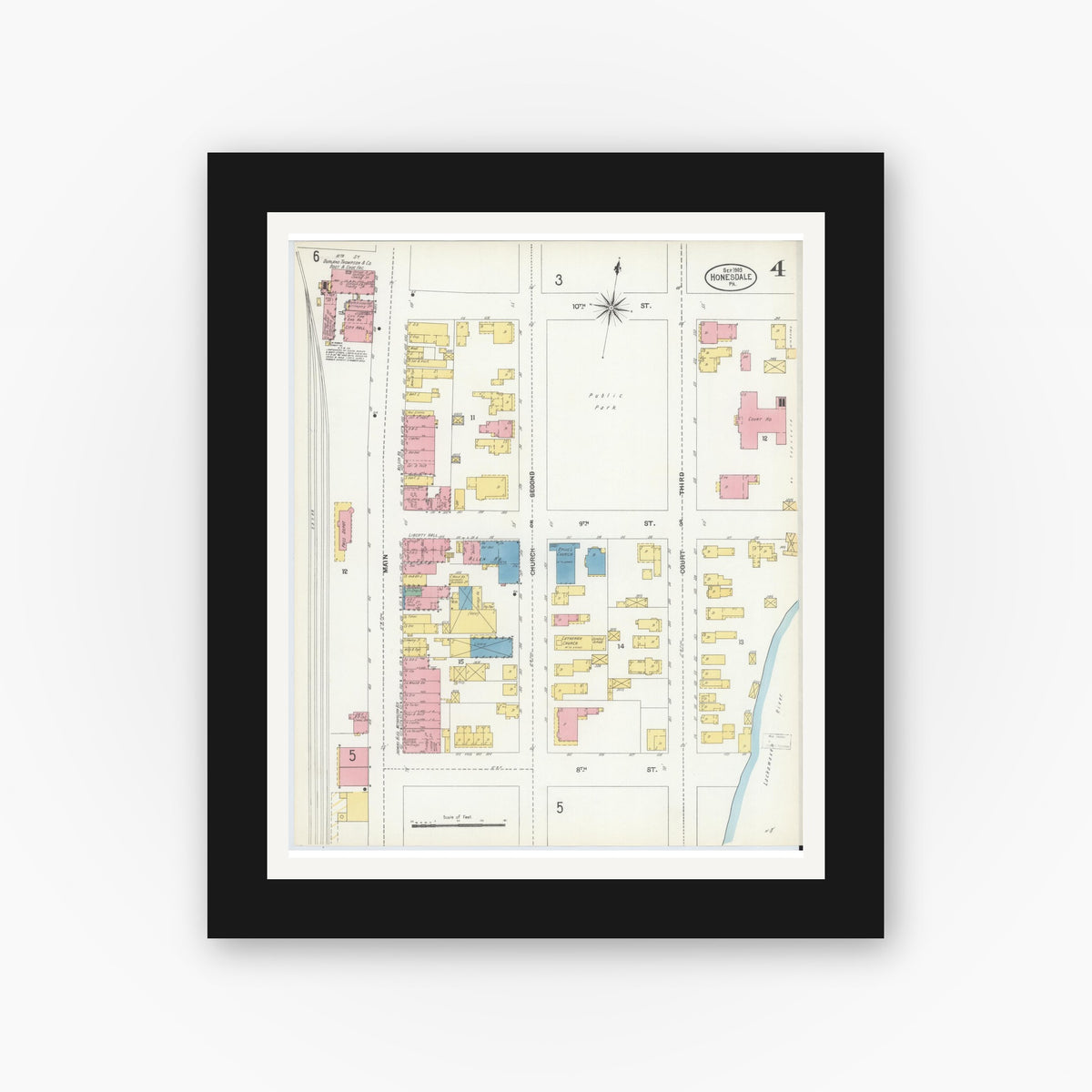 Old map wall art mockup — black gallery frame with white mat — Sanborn Fire Insurance Map from Honesdale, Wayne County, Pennsylvania (1903), Sheet #0004