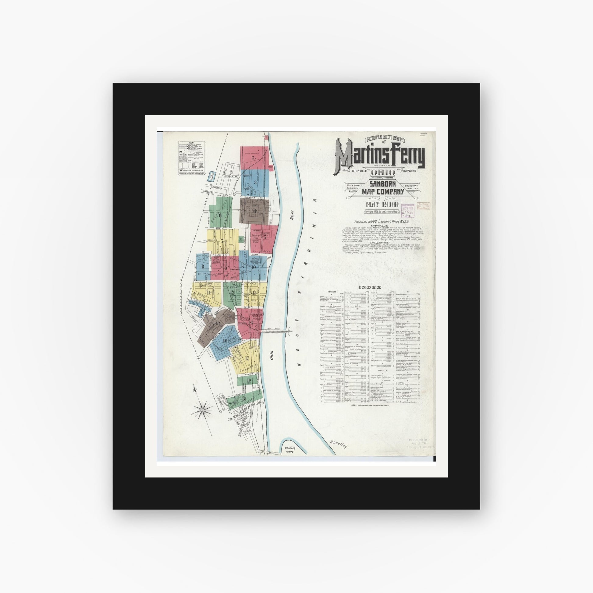 Old map wall art mockup — black gallery frame with white mat — Sanborn Fire Insurance Map from Martins Ferry, Belmont County, Ohio (1908) - Complete Map Set