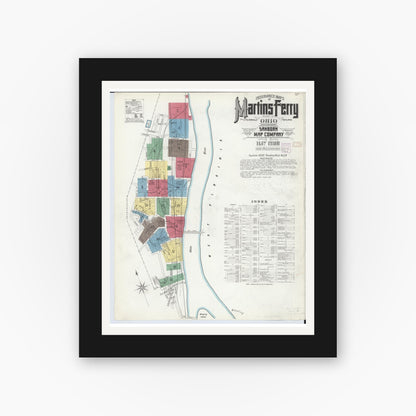 Old map wall art mockup — black gallery frame with white mat — Sanborn Fire Insurance Map from Martins Ferry, Belmont County, Ohio (1908) - Complete Map Set