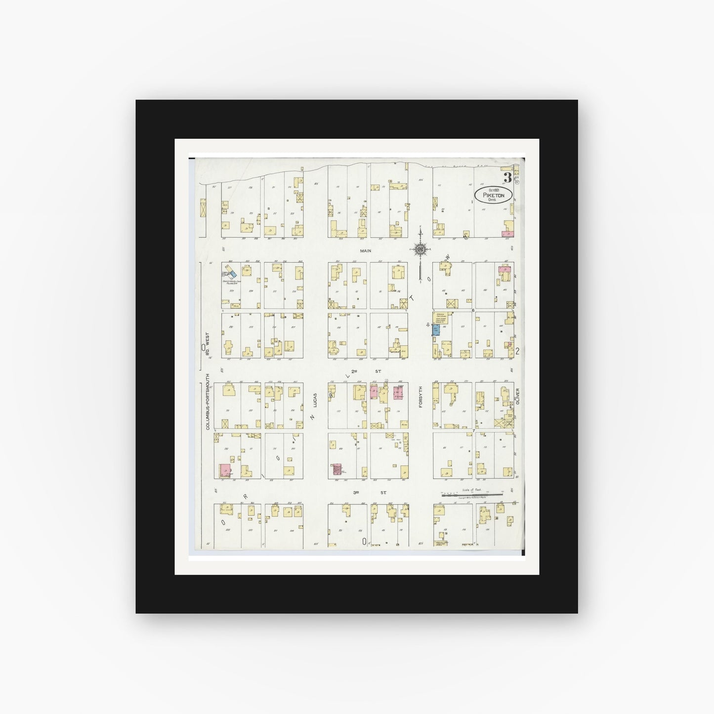 Old map wall art mockup — black gallery frame with white mat — Sanborn Fire Insurance Map from Piketon, Pike County, Ohio (1921), Sheet #0003