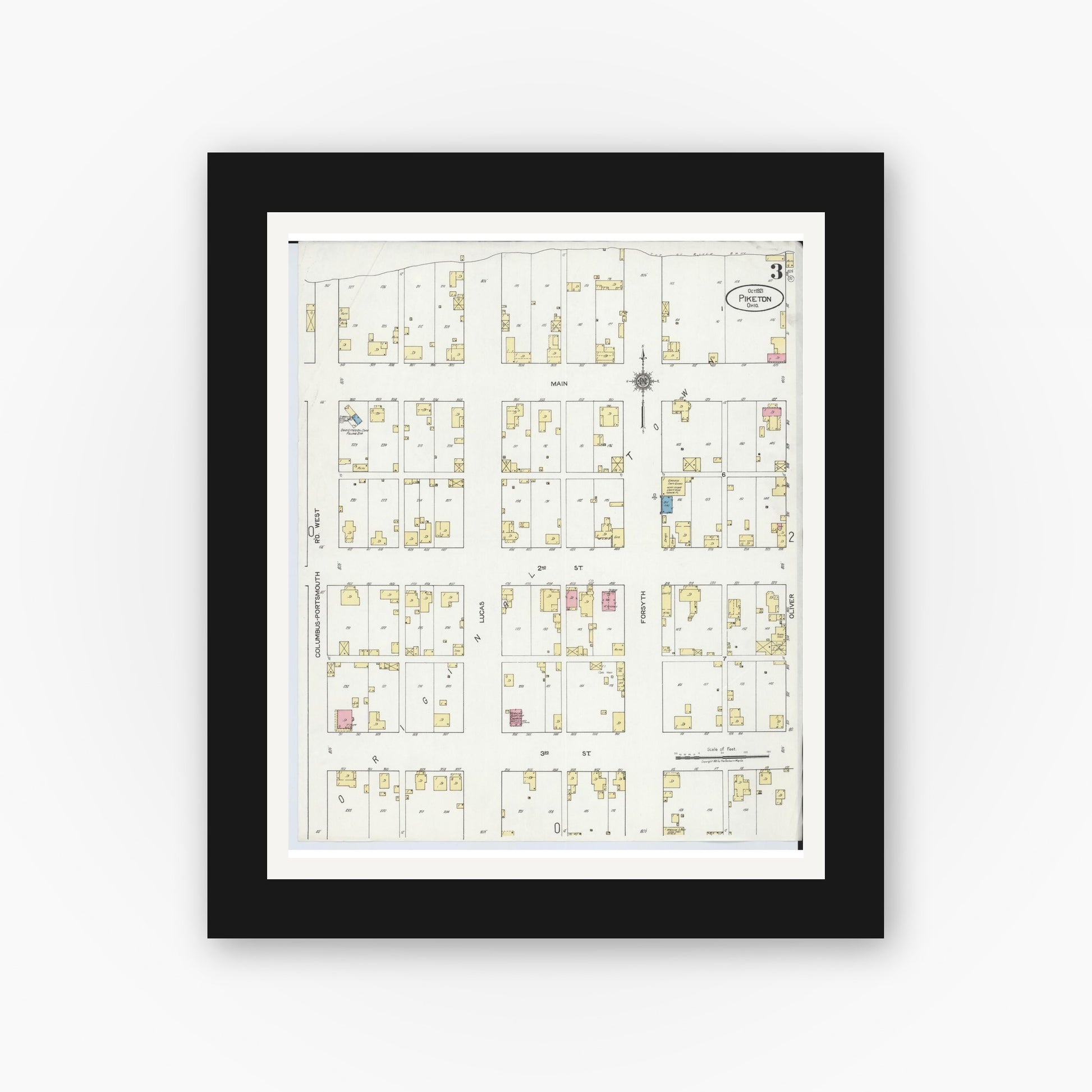 Old map wall art mockup — black gallery frame with white mat — Sanborn Fire Insurance Map from Piketon, Pike County, Ohio (1921), Sheet #0003