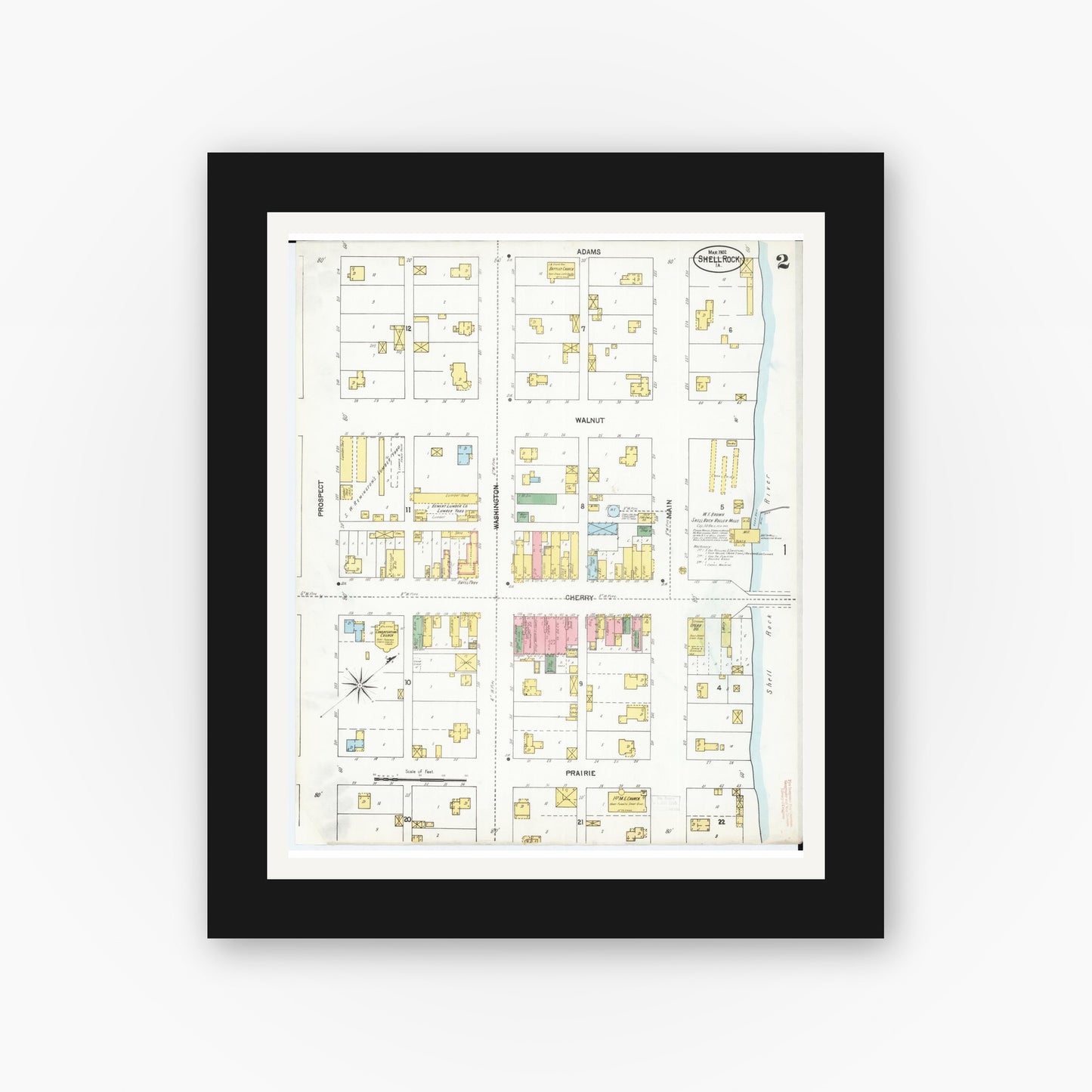 Old map wall art mockup — black gallery frame with white mat — Sanborn Fire Insurance Map from Shell Rock, Butler County, Iowa (1902), Sheet #0002
