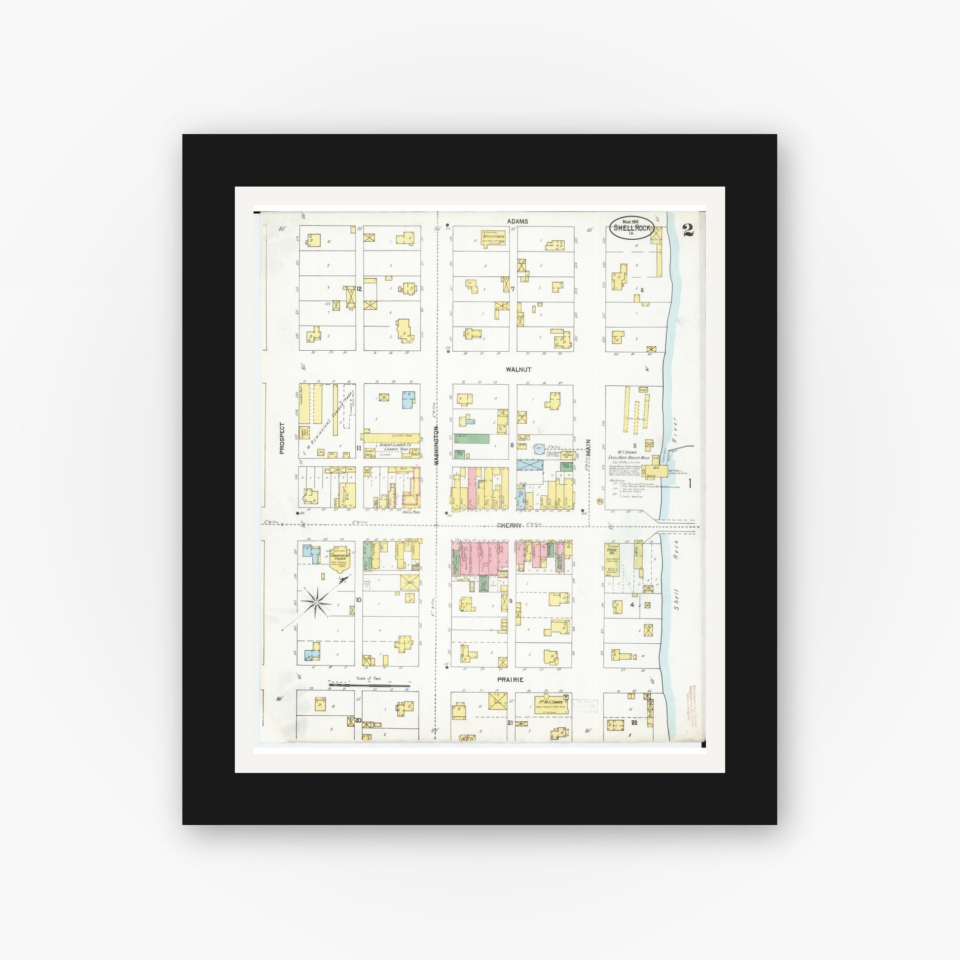 Old map wall art mockup — black gallery frame with white mat — Sanborn Fire Insurance Map from Shell Rock, Butler County, Iowa (1902), Sheet #0002