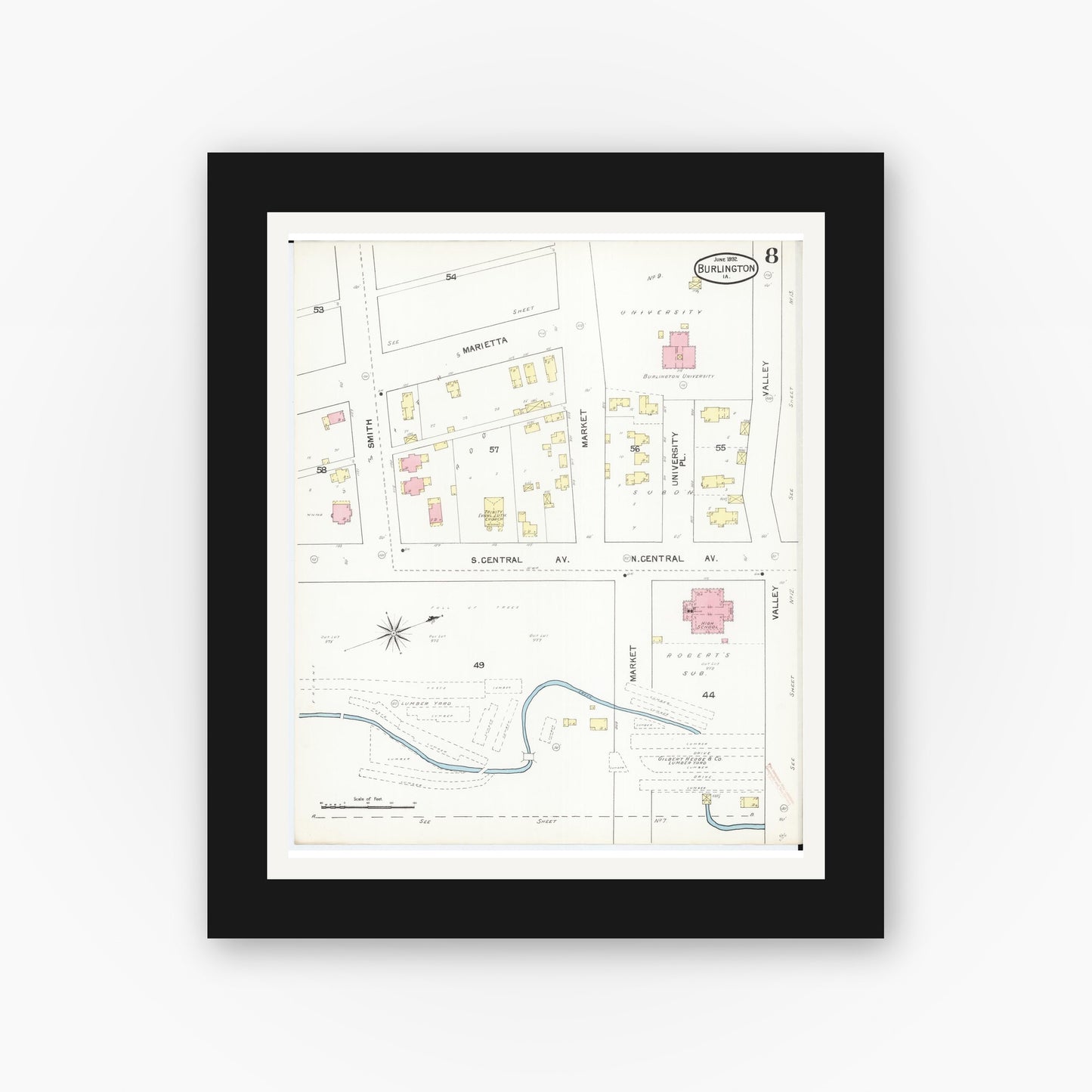 Old map wall art mockup — black gallery frame with white mat — Sanborn Fire Insurance Map from Burlington, Des Moines County, Iowa (1892), Sheet #0008