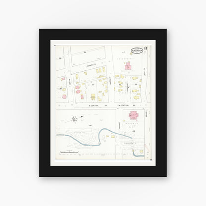 Old map wall art mockup — black gallery frame with white mat — Sanborn Fire Insurance Map from Burlington, Des Moines County, Iowa (1892), Sheet #0008