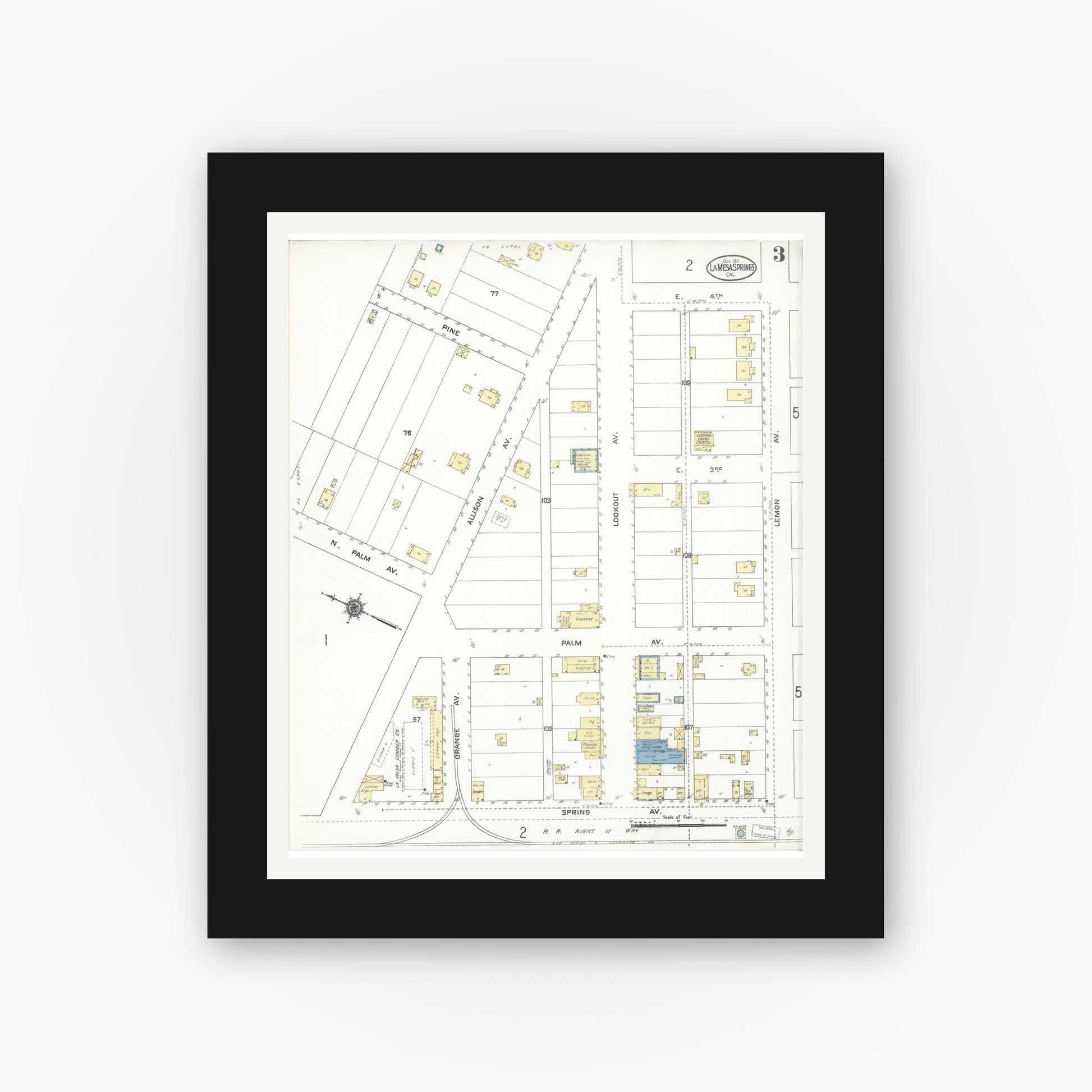 Old map wall art mockup — black gallery frame with white mat — Sanborn Fire Insurance Map from La Mesa, San Diego County, California (1911), Sheet #0003