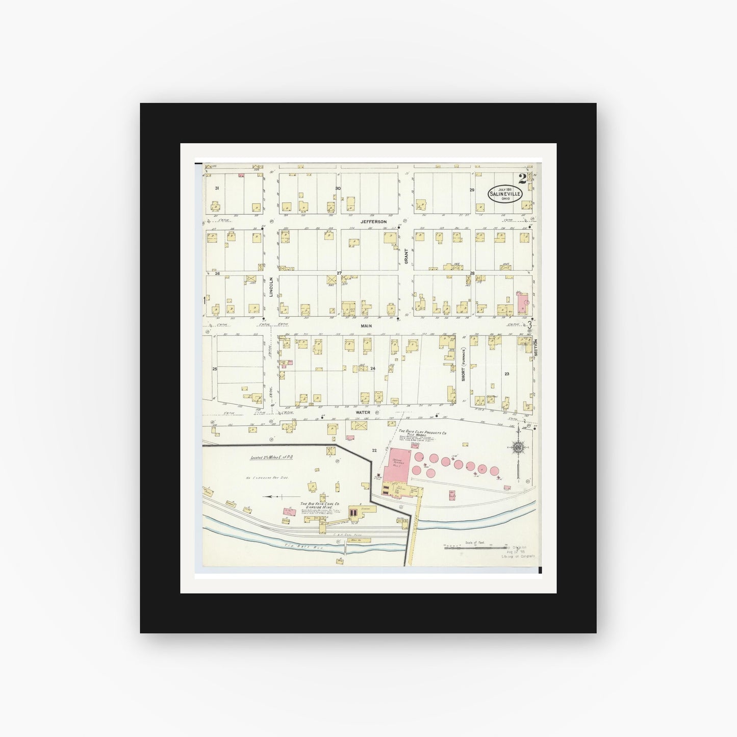 Old map wall art mockup — black gallery frame with white mat — Sanborn Fire Insurance Map from Salineville, Columbiana County, Ohio (1911), Sheet #0002