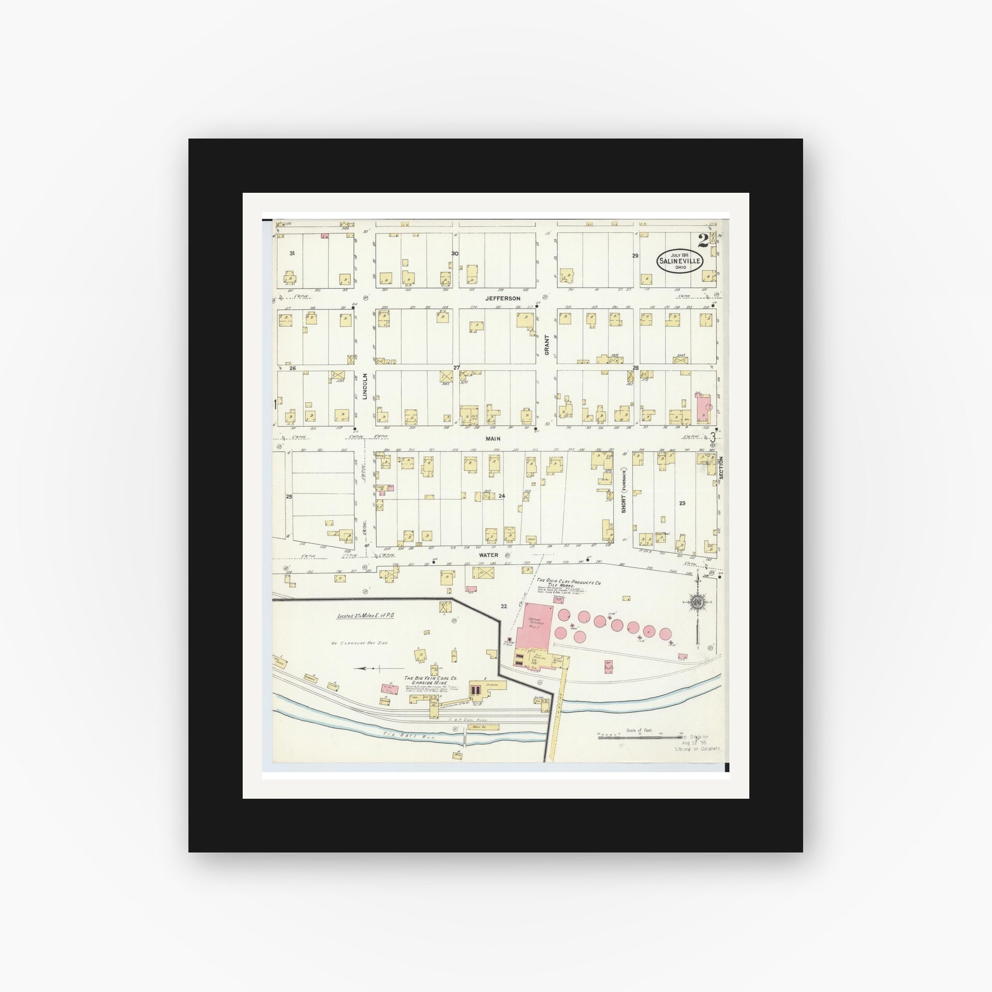 Old map wall art mockup — black gallery frame with white mat — Sanborn Fire Insurance Map from Salineville, Columbiana County, Ohio (1911), Sheet #0002