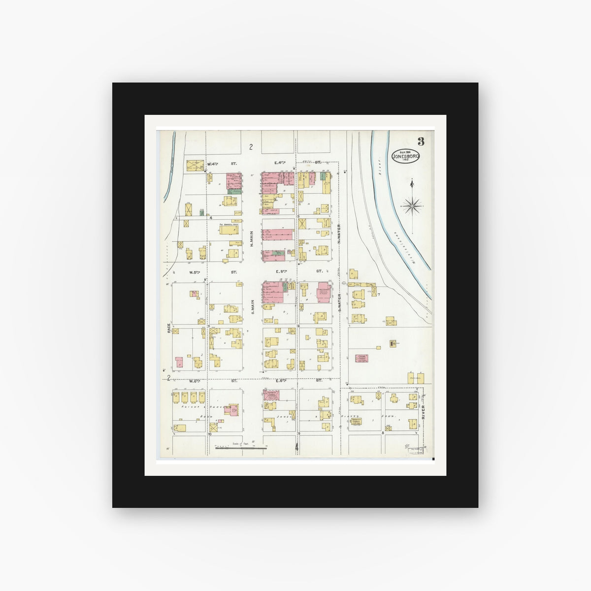 Old map wall art mockup — black gallery frame with white mat — Sanborn Fire Insurance Map from Jonesboro, Grant County, Indiana (1904), Sheet #0003