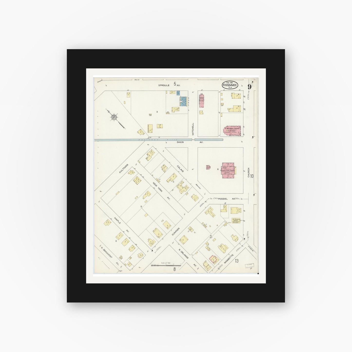 Old map wall art mockup — black gallery frame with white mat — Sanborn Fire Insurance Map from Kissimmee, Osceola County, Florida (1914), Sheet #0009