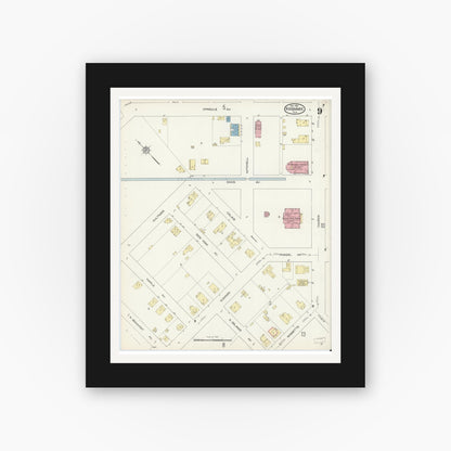 Old map wall art mockup — black gallery frame with white mat — Sanborn Fire Insurance Map from Kissimmee, Osceola County, Florida (1914), Sheet #0009