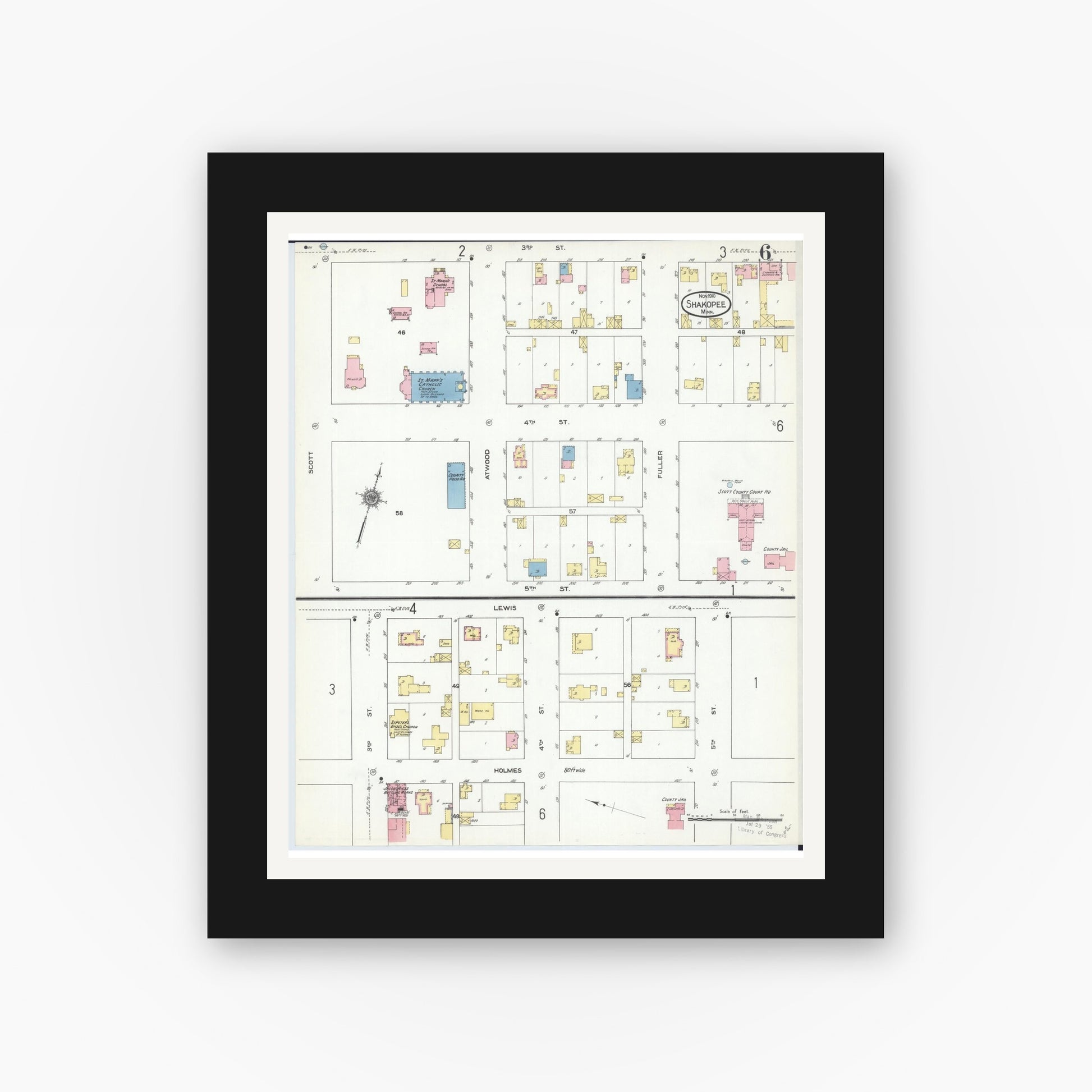 Old map wall art mockup — black gallery frame with white mat — Sanborn Fire Insurance Map from Shakopee, Scott County, Minnesota (1910), Sheet #0006