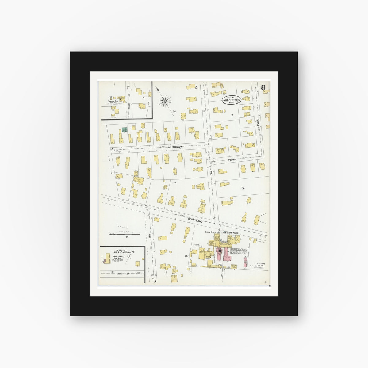 Old map wall art mockup — black gallery frame with white mat — Sanborn Fire Insurance Map from Middleboro, Plymouth County, Massachusetts (1901), Sheet #0008