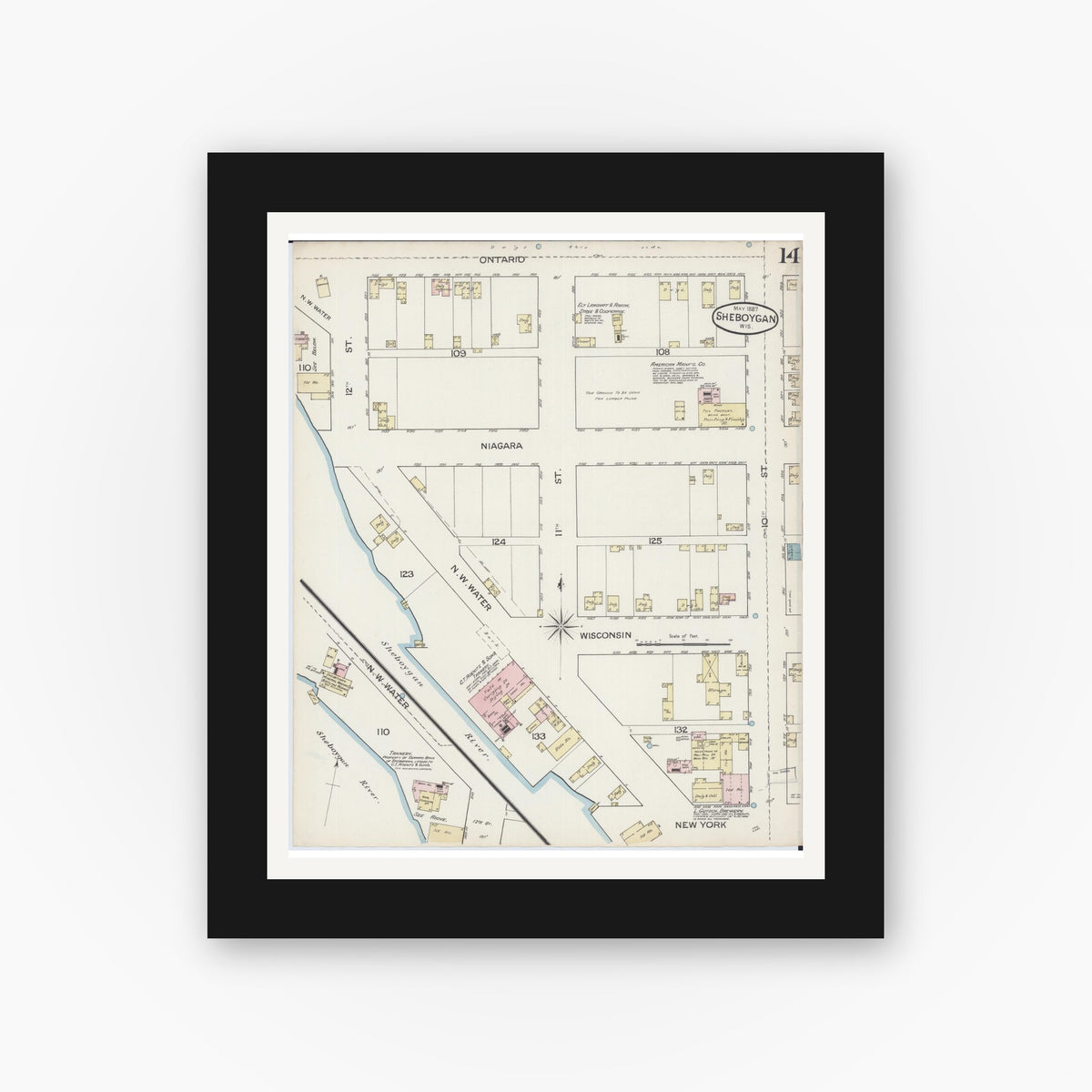 Old map wall art mockup — black gallery frame with white mat — Sanborn Fire Insurance Map from Sheboygan, Sheboygan County, Wisconsin (1887), Sheet #0014