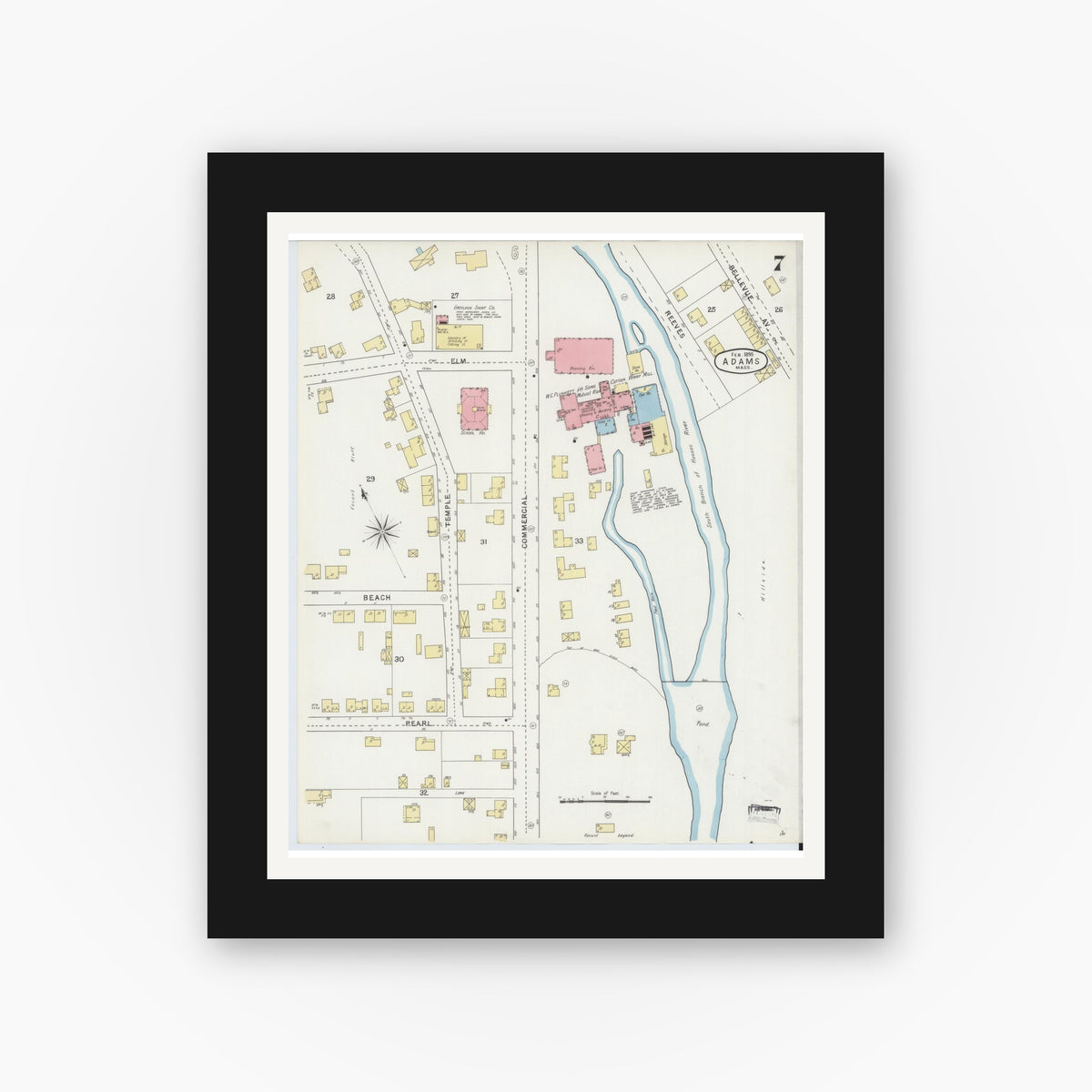 Old map wall art mockup — black gallery frame with white mat — Sanborn Fire Insurance Map from Adams, Berkshire County, Massachusetts (1895), Sheet #0007