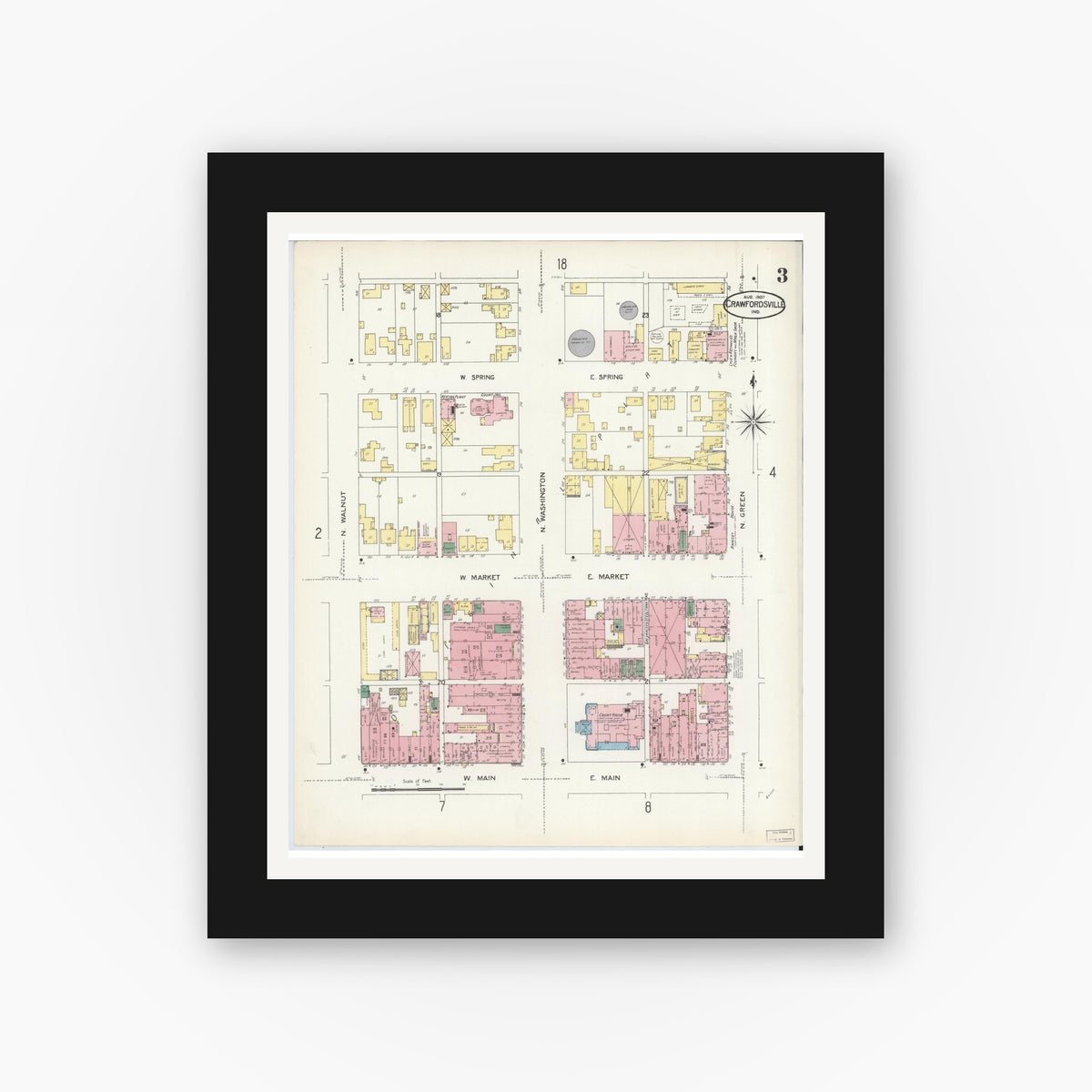 Old map wall art mockup — black gallery frame with white mat — Sanborn Fire Insurance Map from Crawfordsville, Montgomery County, Indiana (1907), Sheet #0003