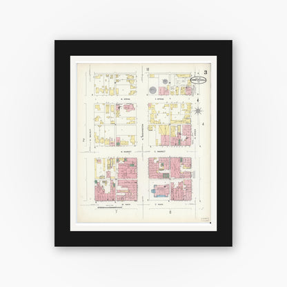 Old map wall art mockup — black gallery frame with white mat — Sanborn Fire Insurance Map from Crawfordsville, Montgomery County, Indiana (1907), Sheet #0003