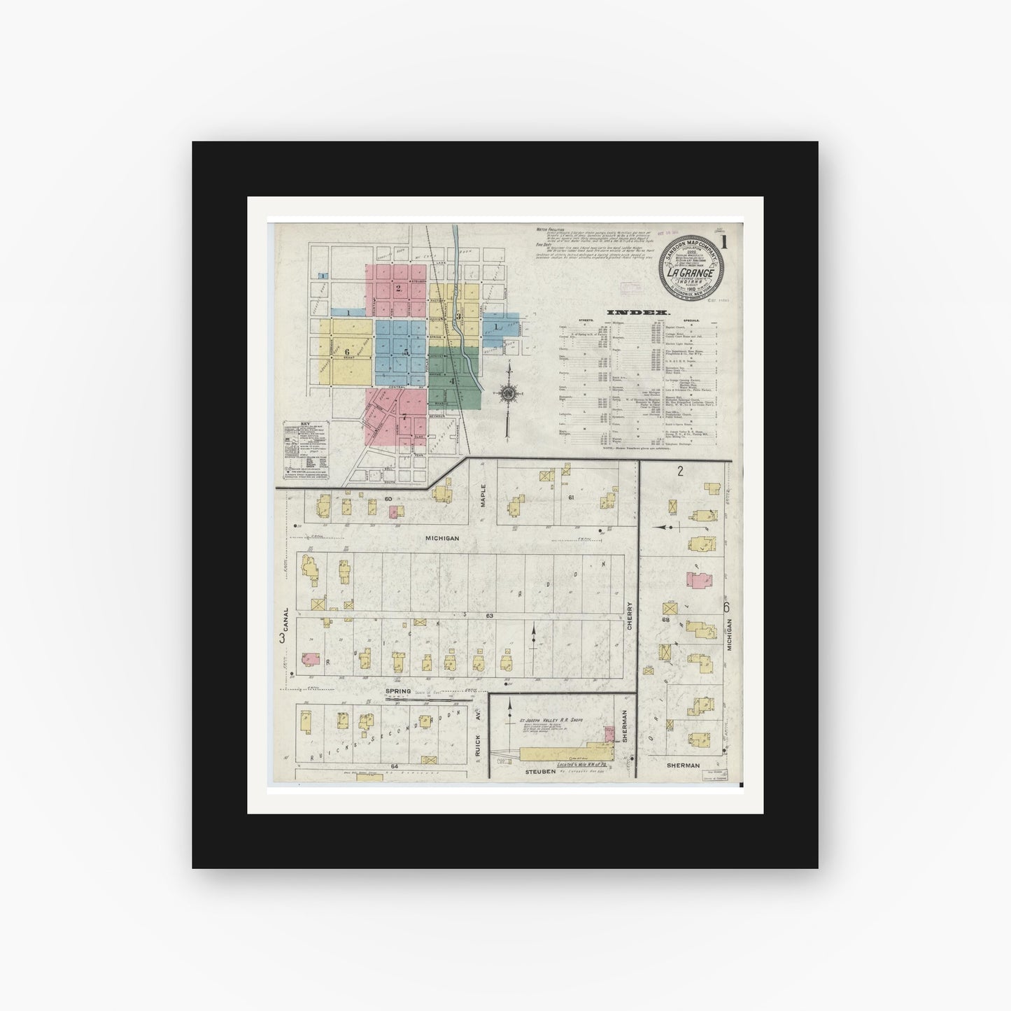 Old map wall art mockup — black gallery frame with white mat — Sanborn Fire Insurance Map from Lagrange, LaGrange County, Indiana (1910), Sheet #0001