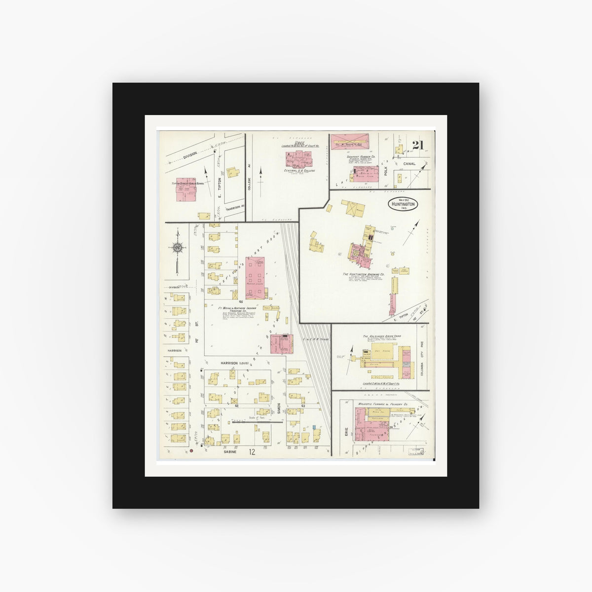Old map wall art mockup — black gallery frame with white mat — Sanborn Fire Insurance Map from Huntington, Huntington County, Indiana (1912), Sheet #0021