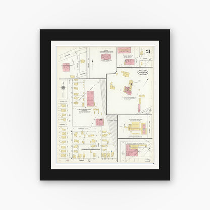 Old map wall art mockup — black gallery frame with white mat — Sanborn Fire Insurance Map from Huntington, Huntington County, Indiana (1912), Sheet #0021