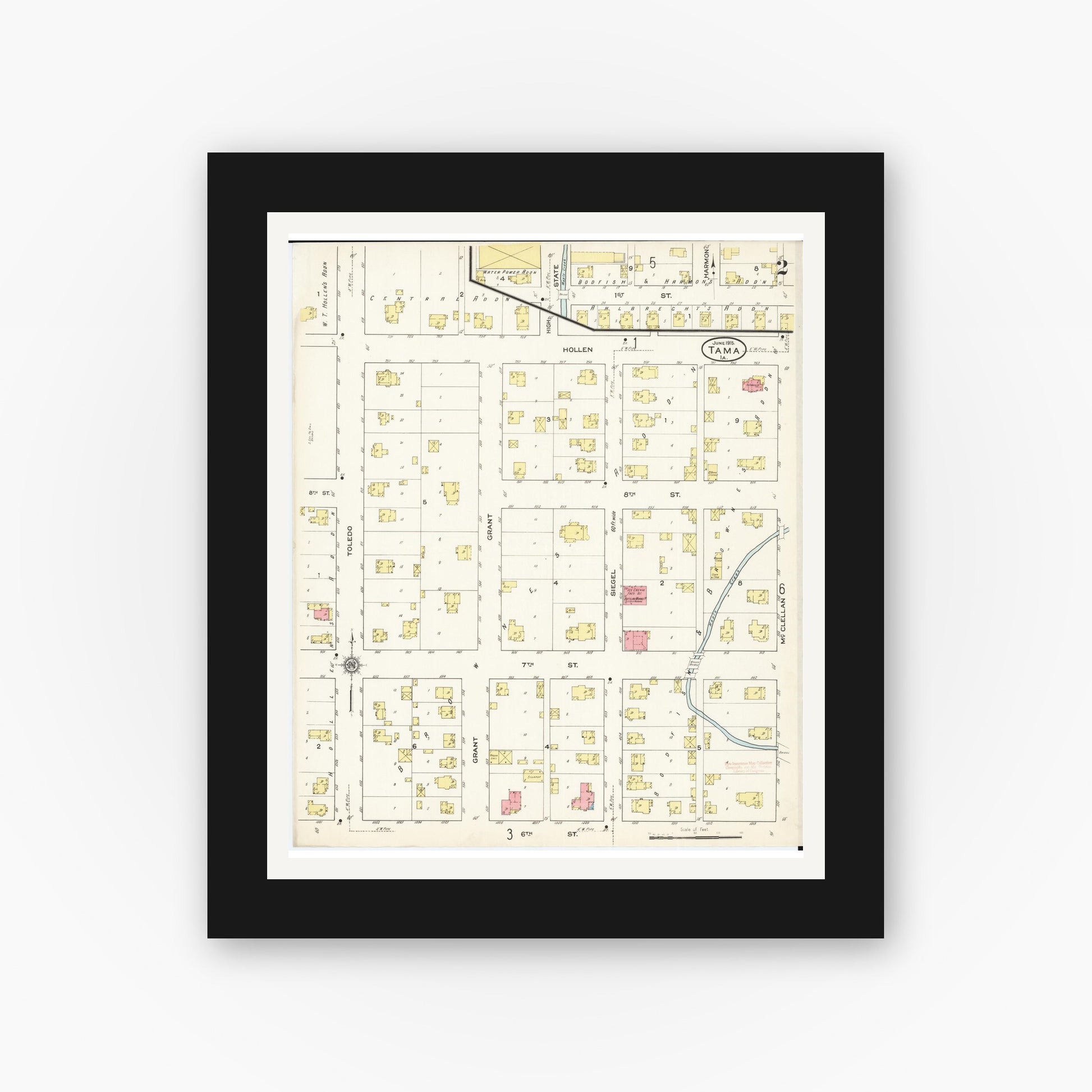 Old map wall art mockup — black gallery frame with white mat — Sanborn Fire Insurance Map from Tama, Tama County, Iowa (1915), Sheet #0002