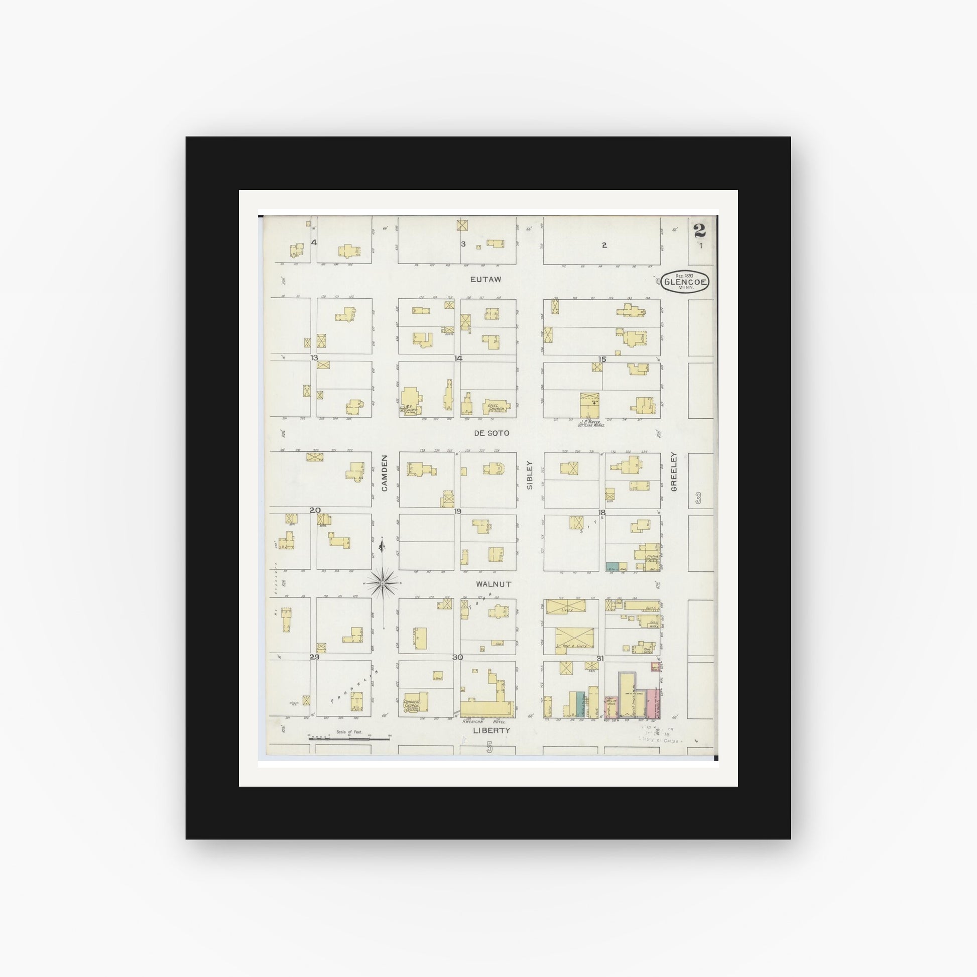 Old map wall art mockup — black gallery frame with white mat — Sanborn Fire Insurance Map from Glencoe, Mcleod County, Minnesota (1893), Sheet #0002
