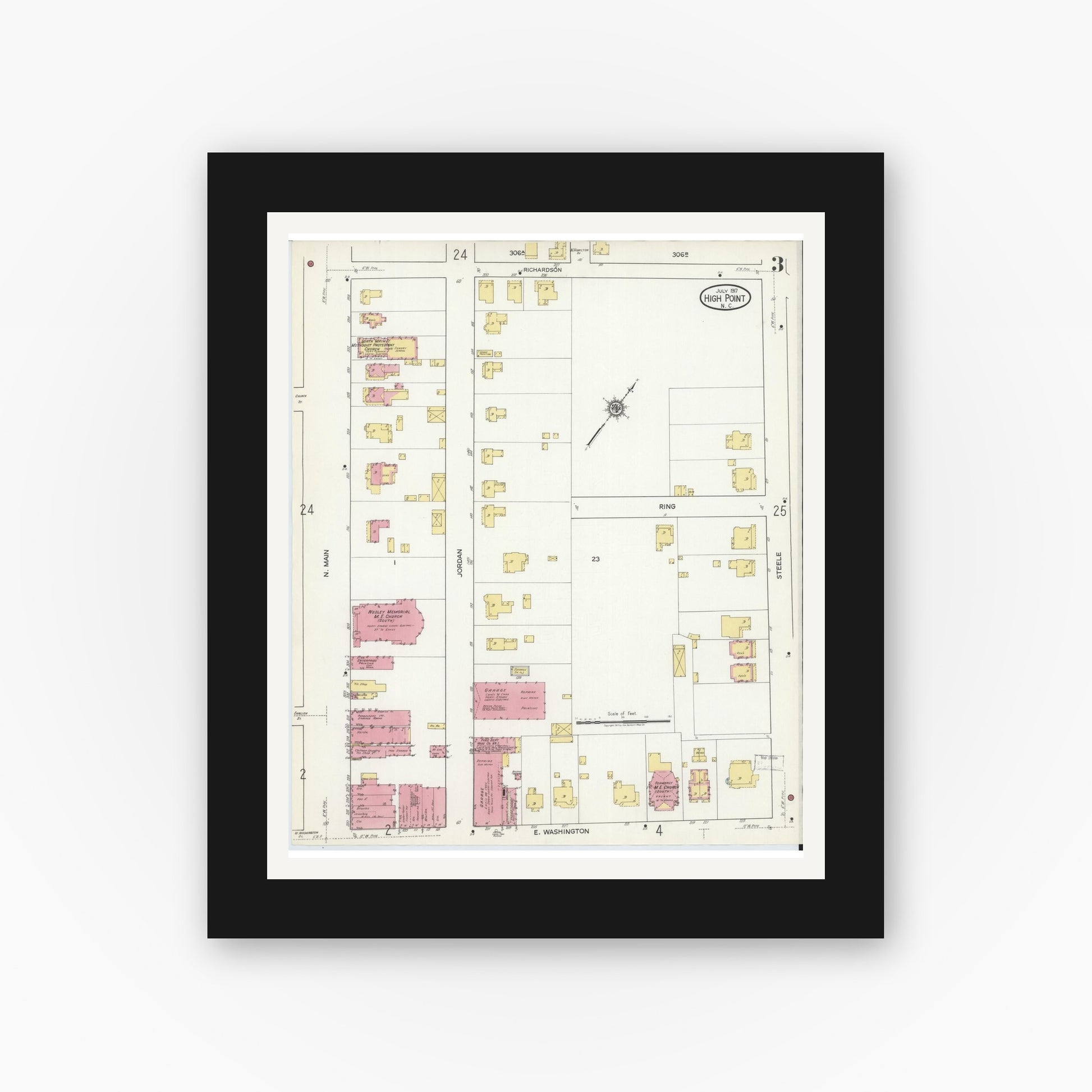 Old map wall art mockup — black gallery frame with white mat — Sanborn Fire Insurance Map from High Point, Guilford County, North Carolina (1917), Sheet #0003