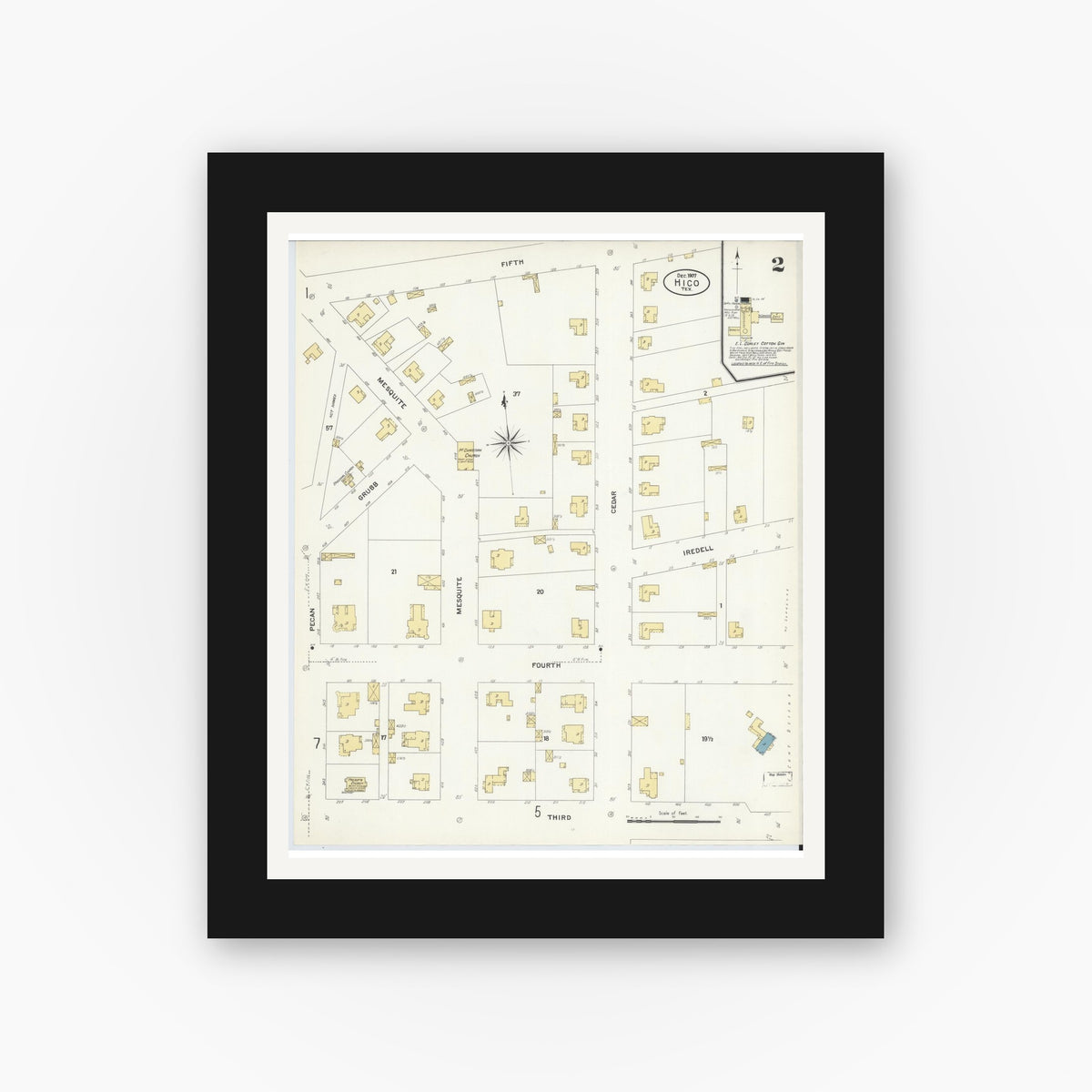 Old map wall art mockup — black gallery frame with white mat — Sanborn Fire Insurance Map from Hico, Hamilton County, Texas (1907), Sheet #0002
