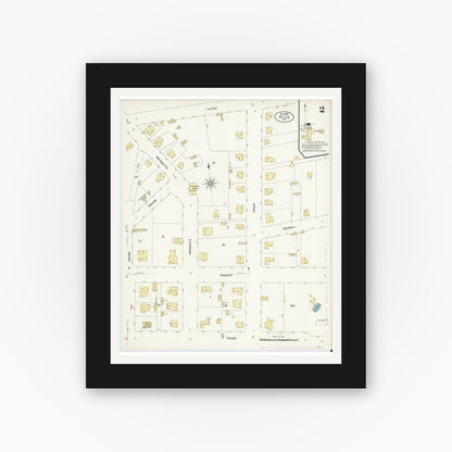 Old map wall art mockup — black gallery frame with white mat — Sanborn Fire Insurance Map from Hico, Hamilton County, Texas (1907), Sheet #0002