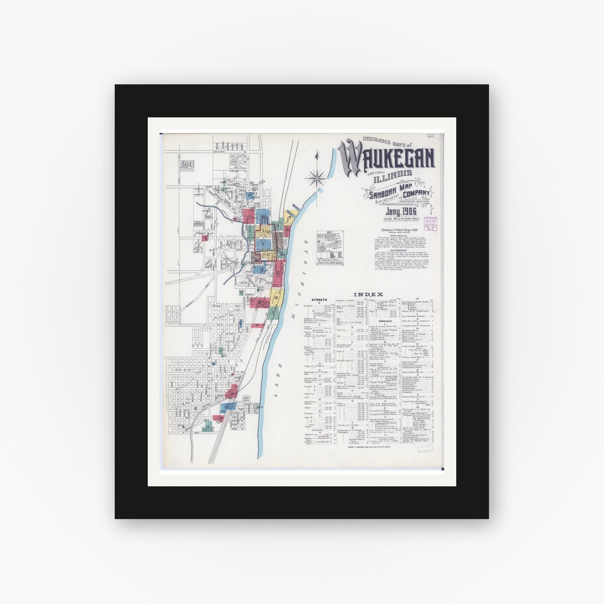 Old map wall art mockup — black gallery frame with white mat — Sanborn Fire Insurance Map from Waukegan, Lake County, Illinois (1906), Sheet #0001