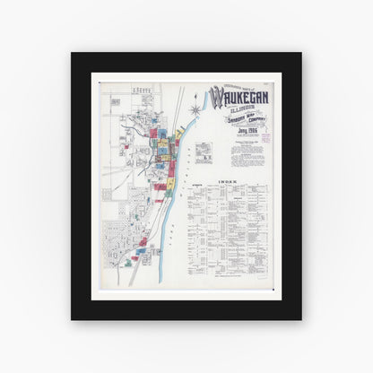 Old map wall art mockup — black gallery frame with white mat — Sanborn Fire Insurance Map from Waukegan, Lake County, Illinois (1906), Sheet #0001