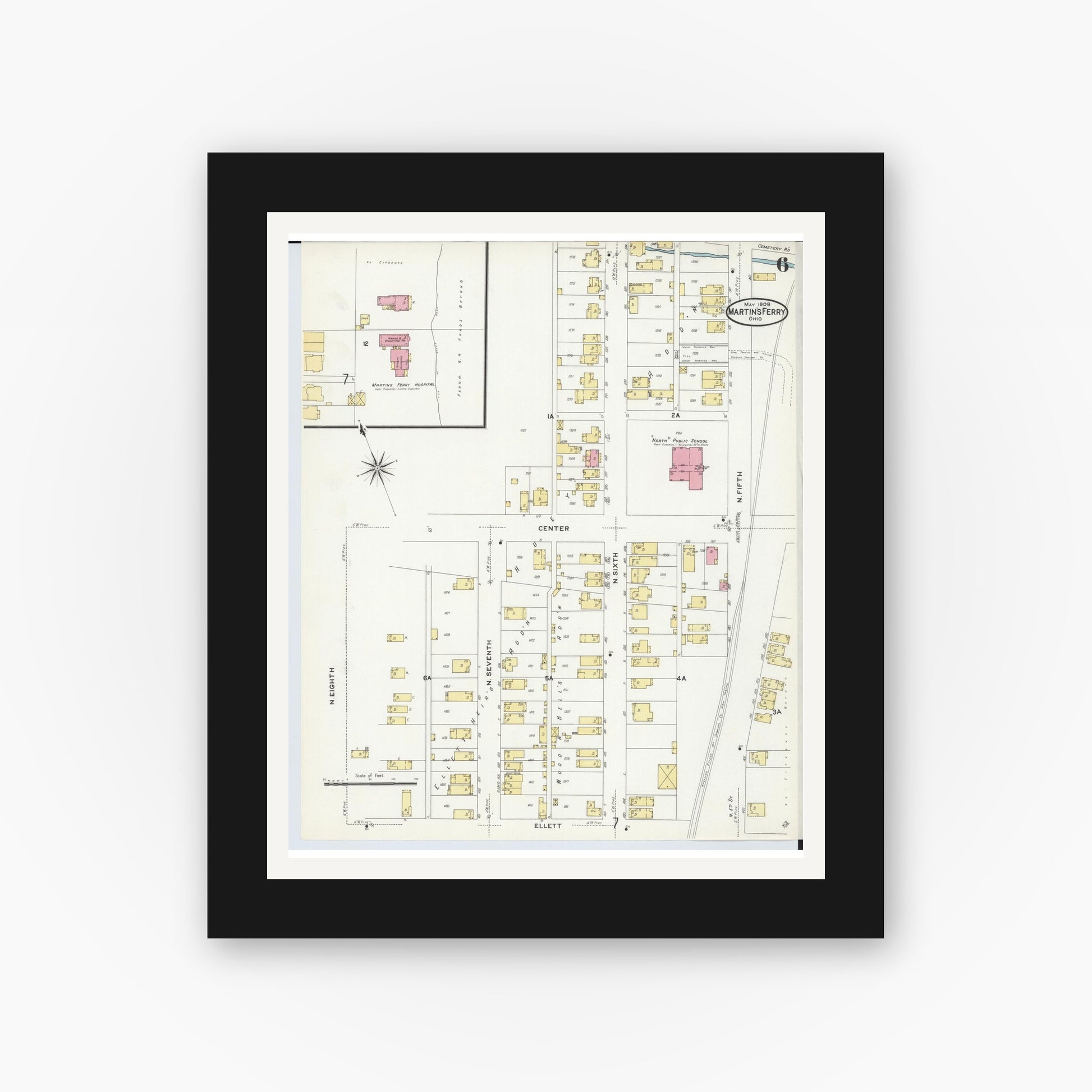 Old map wall art mockup — black gallery frame with white mat — Sanborn Fire Insurance Map from Martins Ferry, Belmont County, Ohio (1908), Sheet #0006