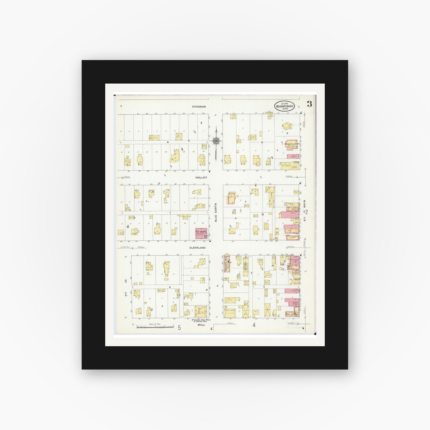 Old map wall art mockup — black gallery frame with white mat — Sanborn Fire Insurance Map from Winnebago, Faribault County, Minnesota (1911), Sheet #0003