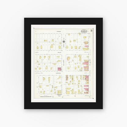 Old map wall art mockup — black gallery frame with white mat — Sanborn Fire Insurance Map from Winnebago, Faribault County, Minnesota (1911), Sheet #0003