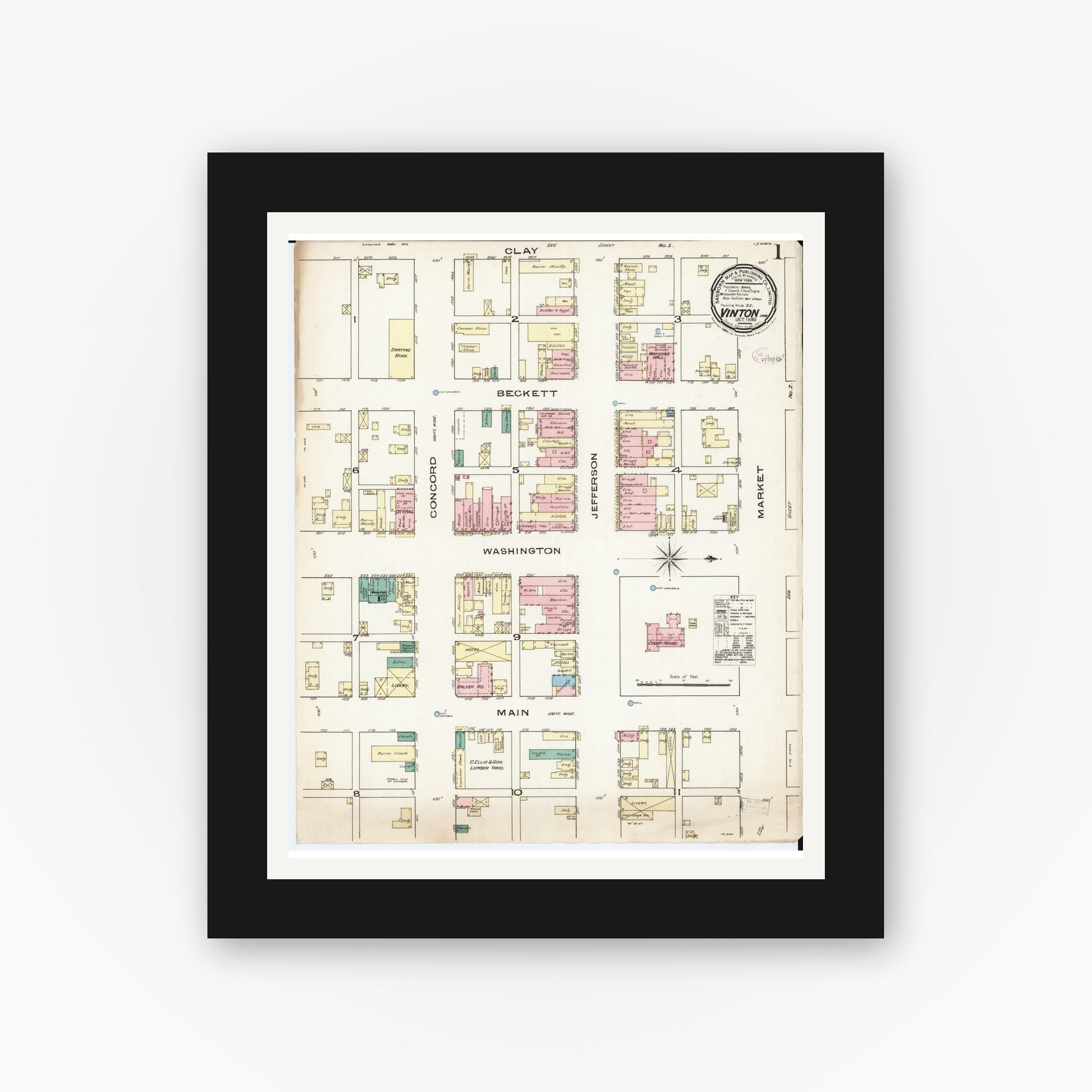 Old map wall art mockup — black gallery frame with white mat — Sanborn Fire Insurance Map from Vinton, Benton County, Iowa (1885) â€” Complete Set