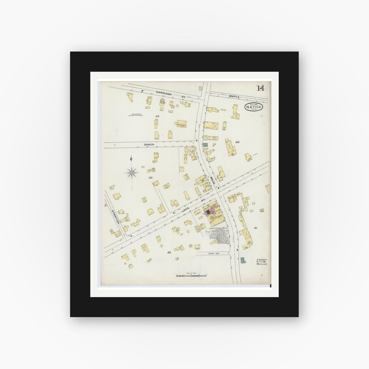 Old map wall art mockup — black gallery frame with white mat — Sanborn Fire Insurance Map from Natick, Middlesex County, Massachusetts (1894), Sheet #0014