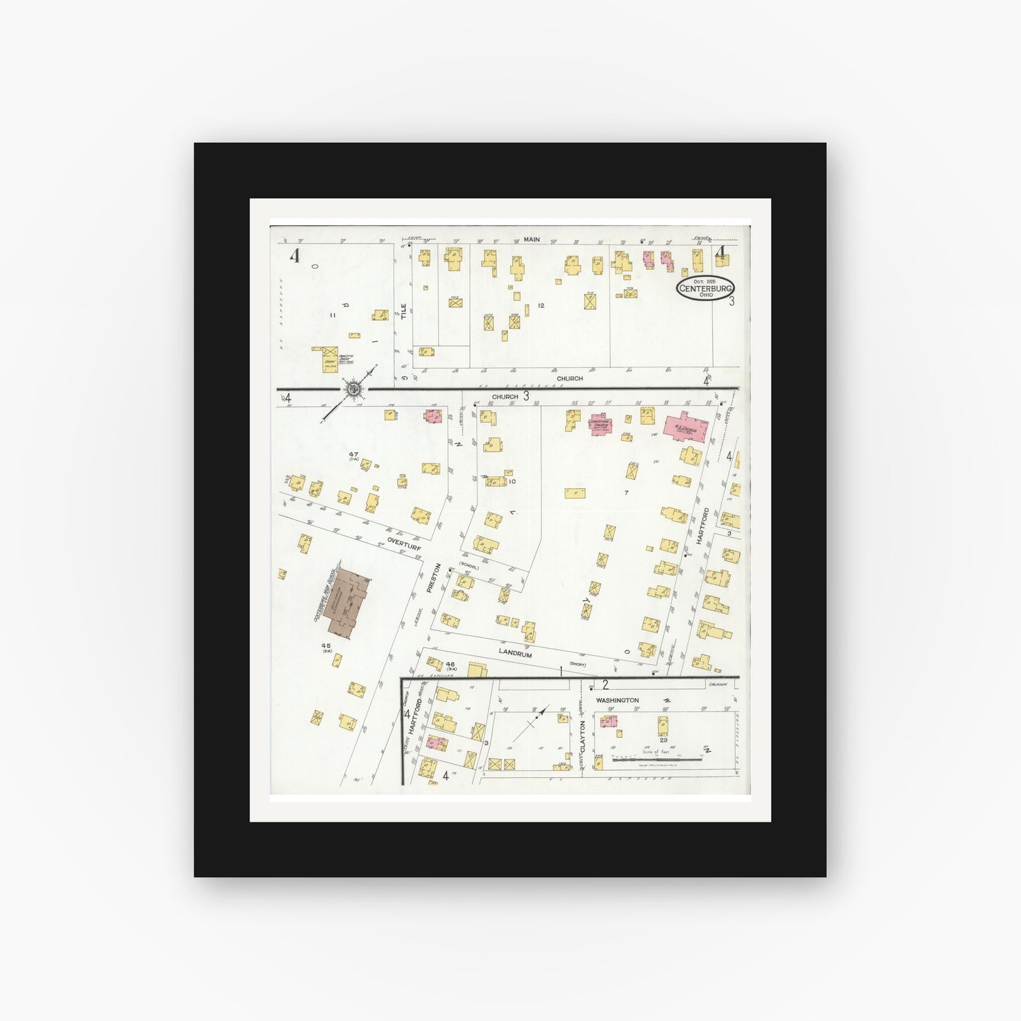 Old map wall art mockup — black gallery frame with white mat — Sanborn Fire Insurance Map from Centerburg, Knox County, Ohio (1926), Sheet #0004