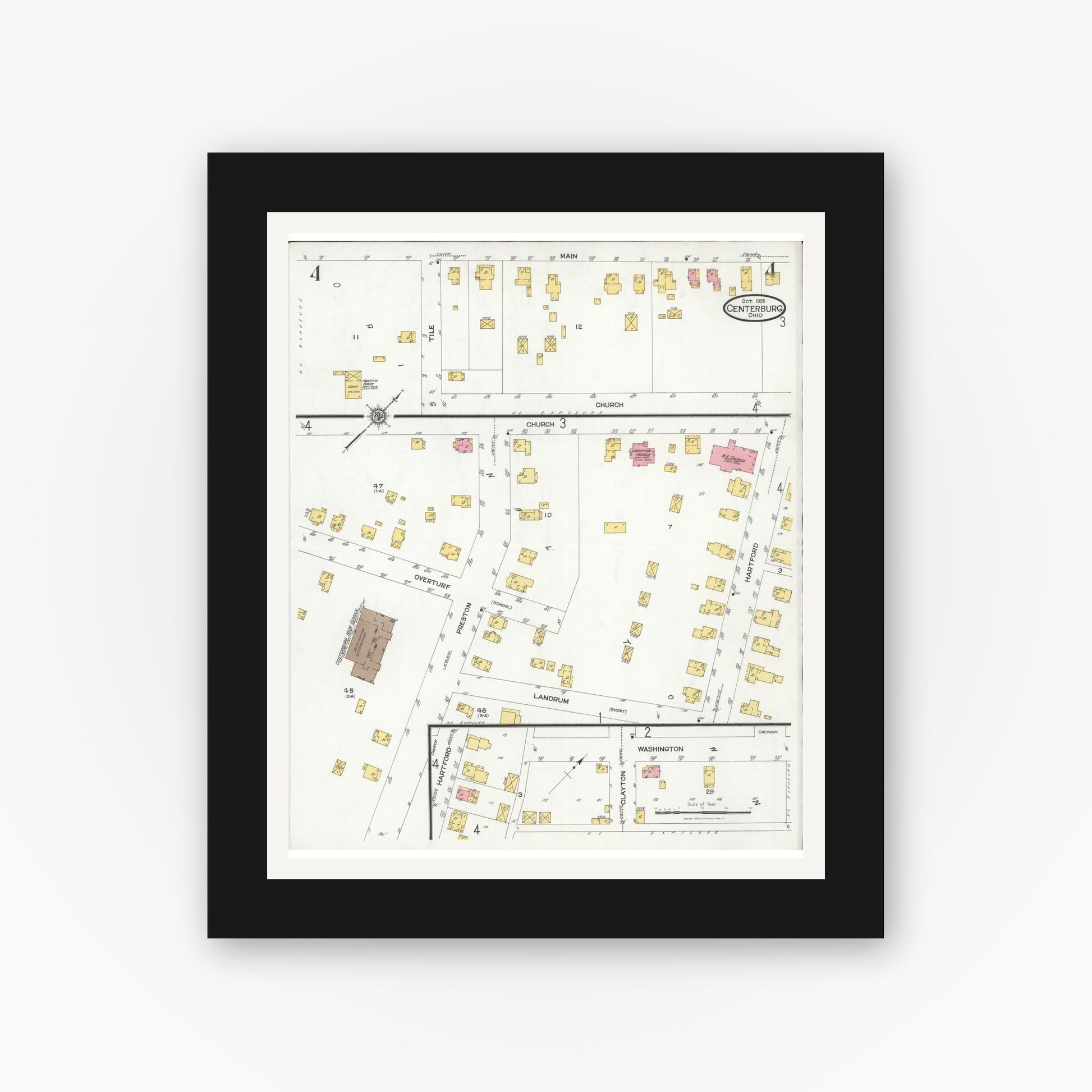 Old map wall art mockup — black gallery frame with white mat — Sanborn Fire Insurance Map from Centerburg, Knox County, Ohio (1926), Sheet #0004