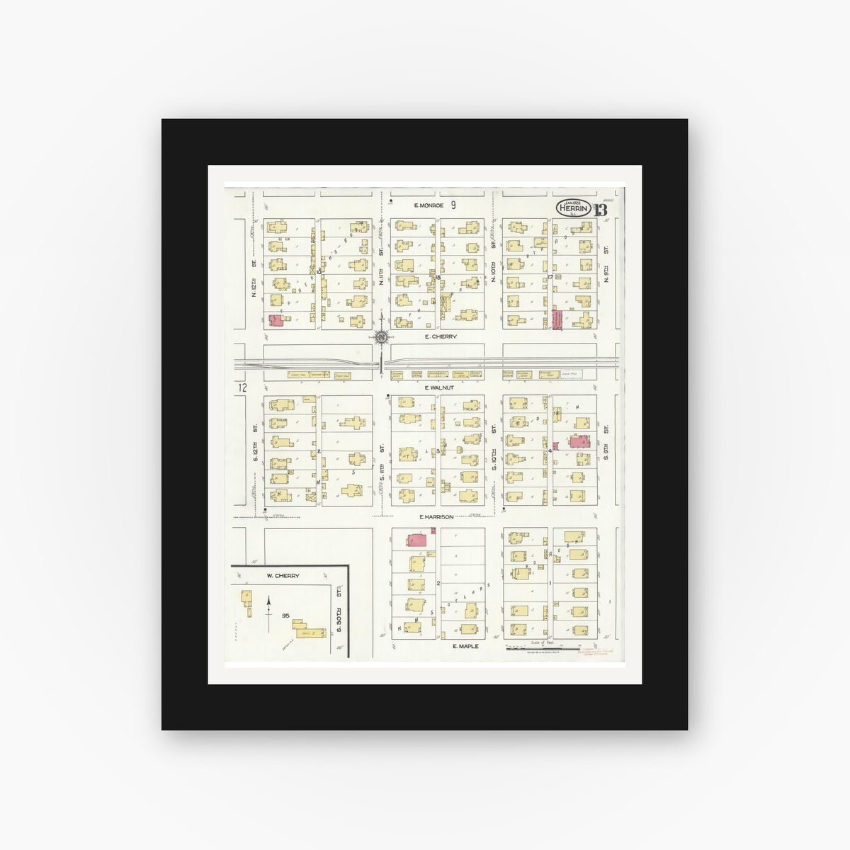 Old map wall art mockup — black gallery frame with white mat — Sanborn Fire Insurance Map from Herrin, Williamson County, Illinois (1922), Sheet #0013