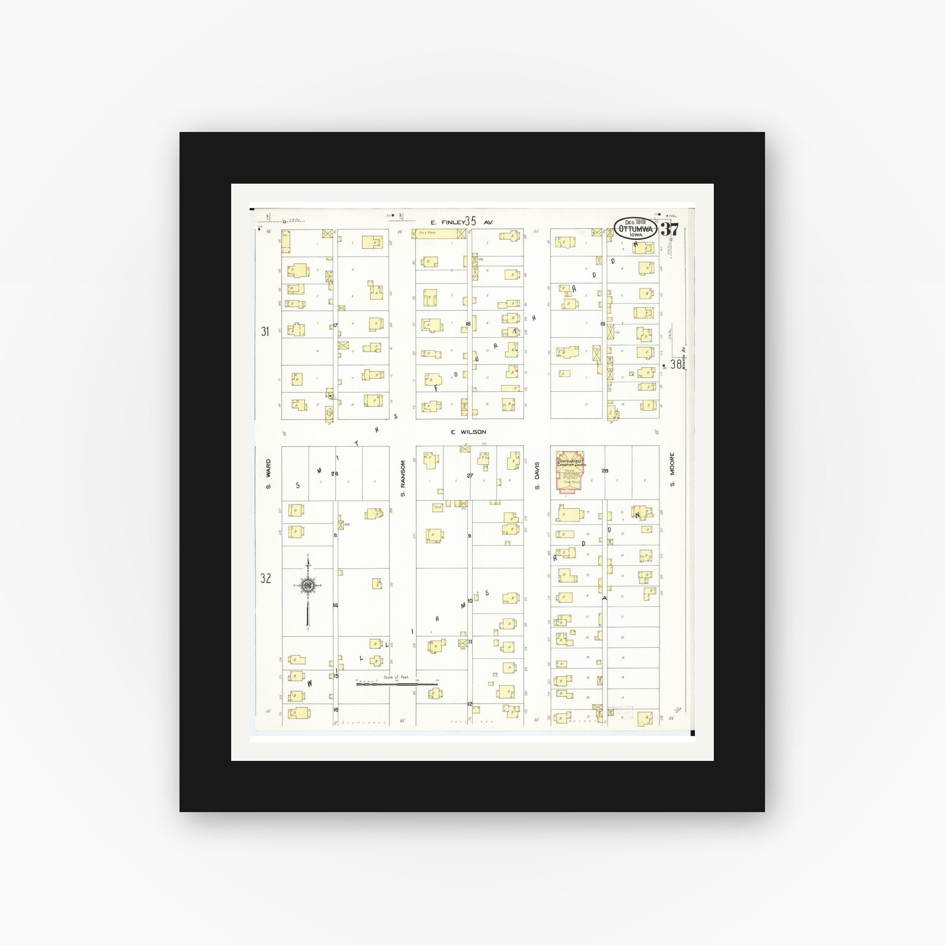 Old map wall art mockup — black gallery frame with white mat — Sanborn Fire Insurance Map from Ottumwa, Wapello County, Iowa (1909), Sheet #0037