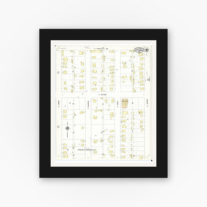 Old map wall art mockup — black gallery frame with white mat — Sanborn Fire Insurance Map from Ottumwa, Wapello County, Iowa (1909), Sheet #0037