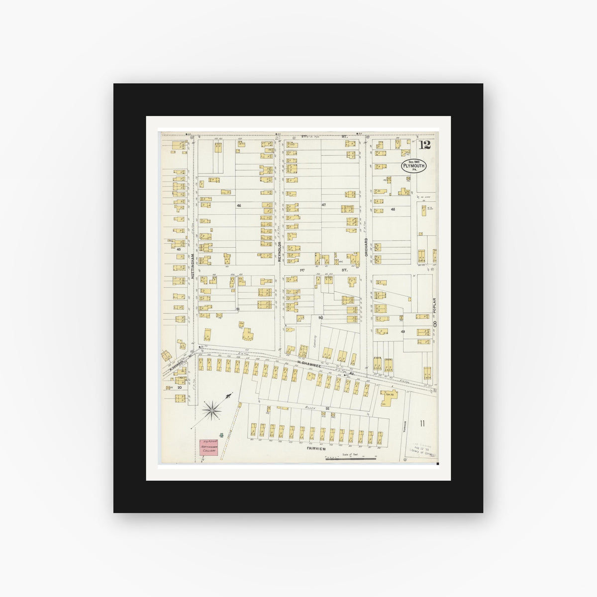 Old map wall art mockup — black gallery frame with white mat — Sanborn Fire Insurance Map from Plymouth, Luzerne County, Pennsylvania (1902), Sheet #0012